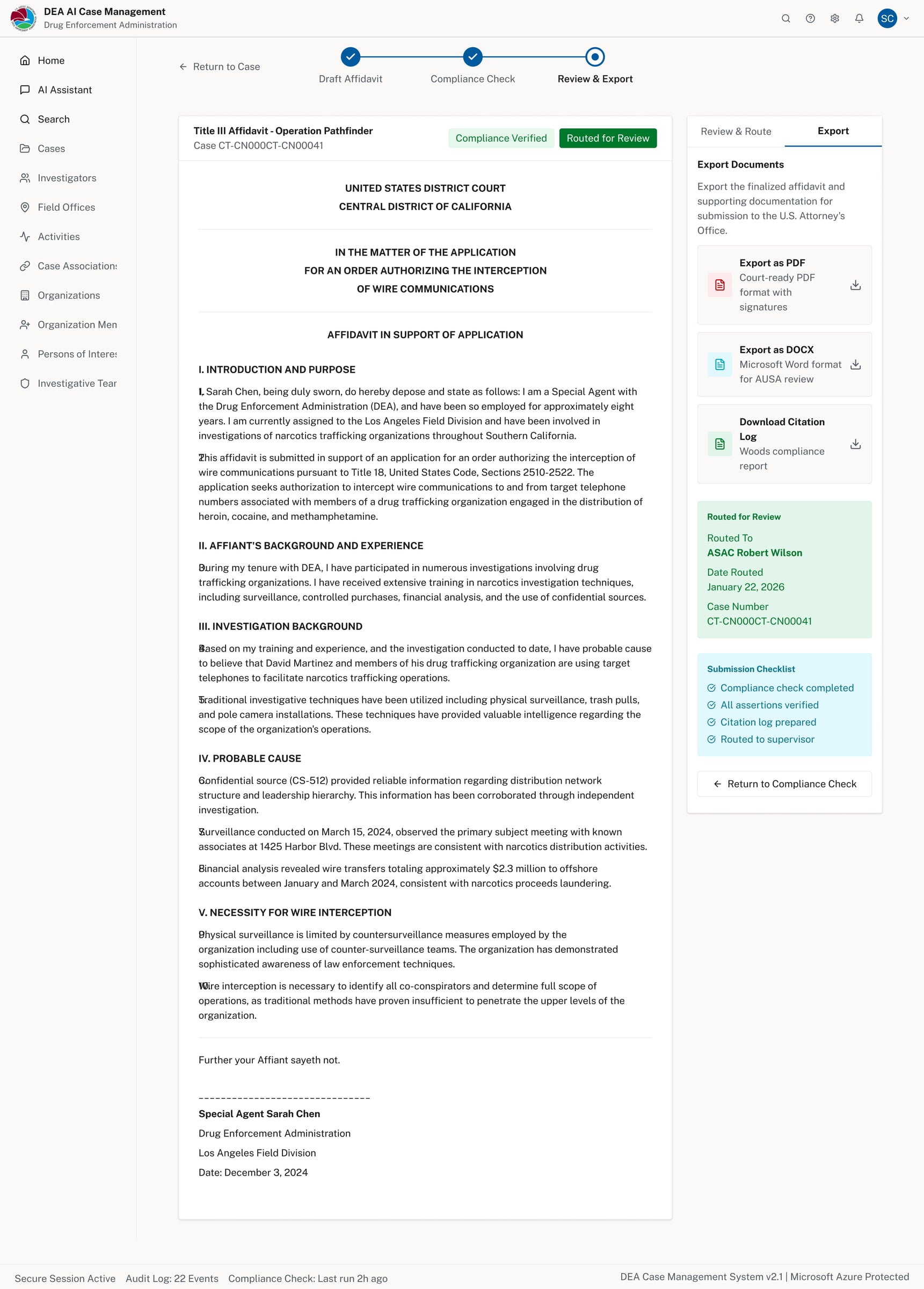 Review and Export screen showing export options panel with PDF and DOCX formats and submission checklist