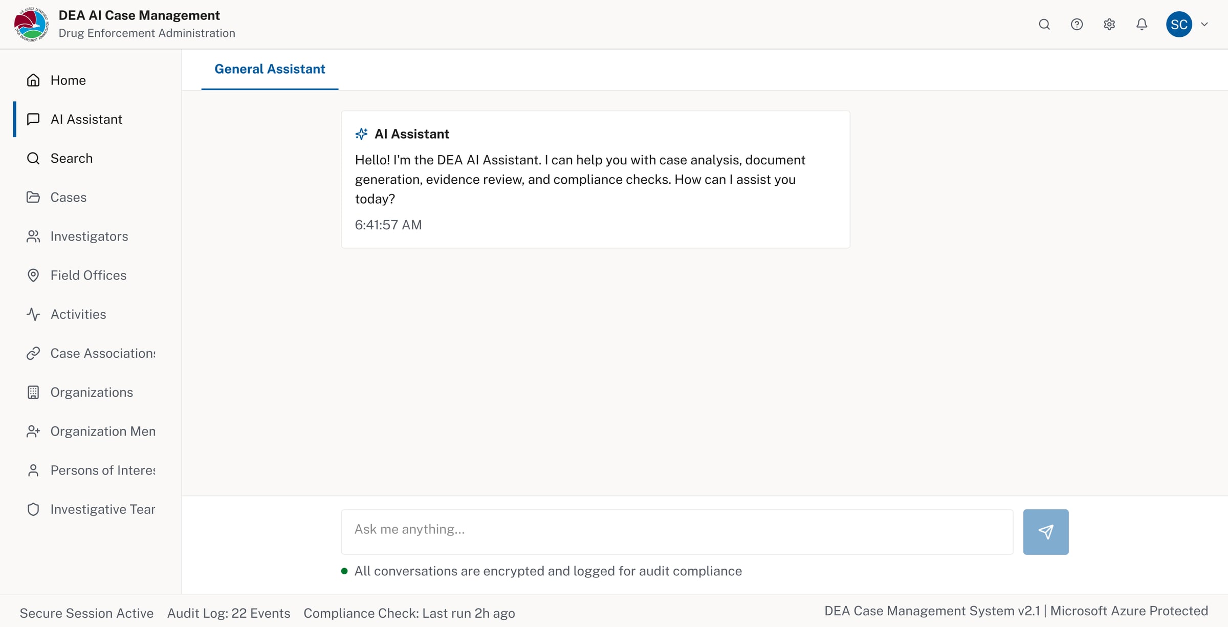 AI Assistant panel in general mode showing greeting message and encrypted session notice