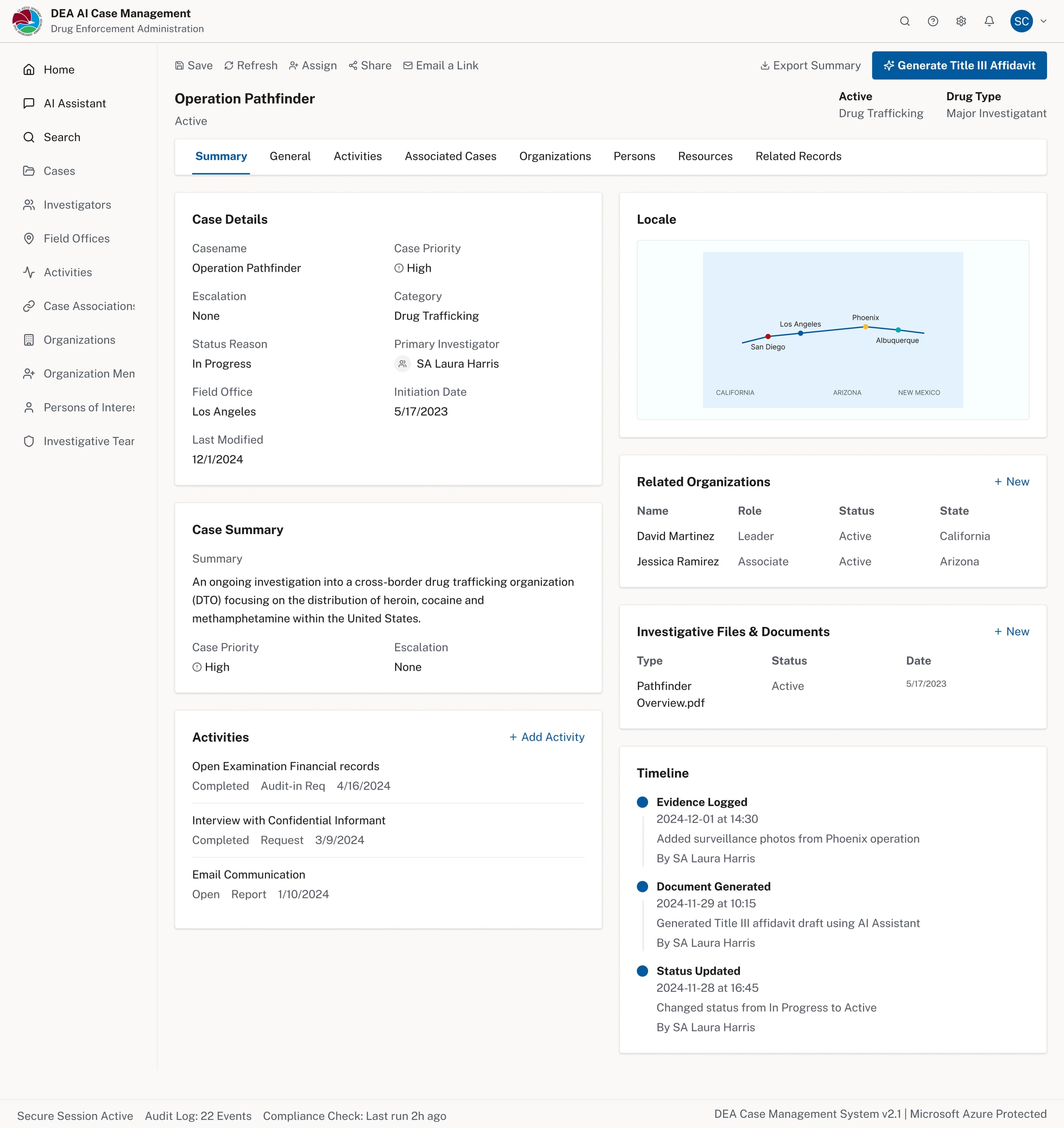 Case detail view for Operation Pathfinder showing summary, activities, timeline, and investigative files