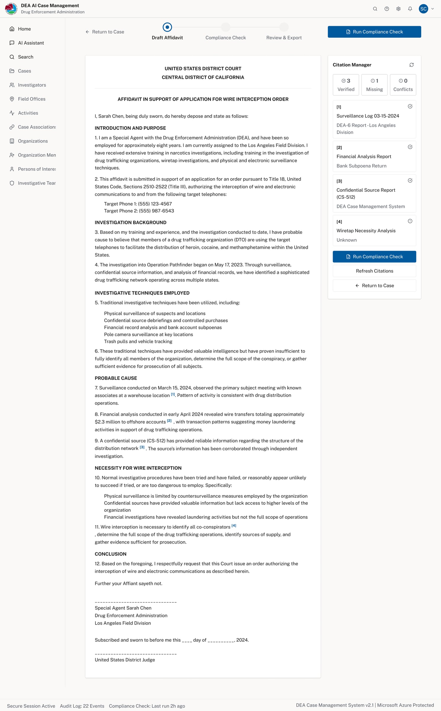 Draft affidavit document with full legal text for a Title III wire intercept order