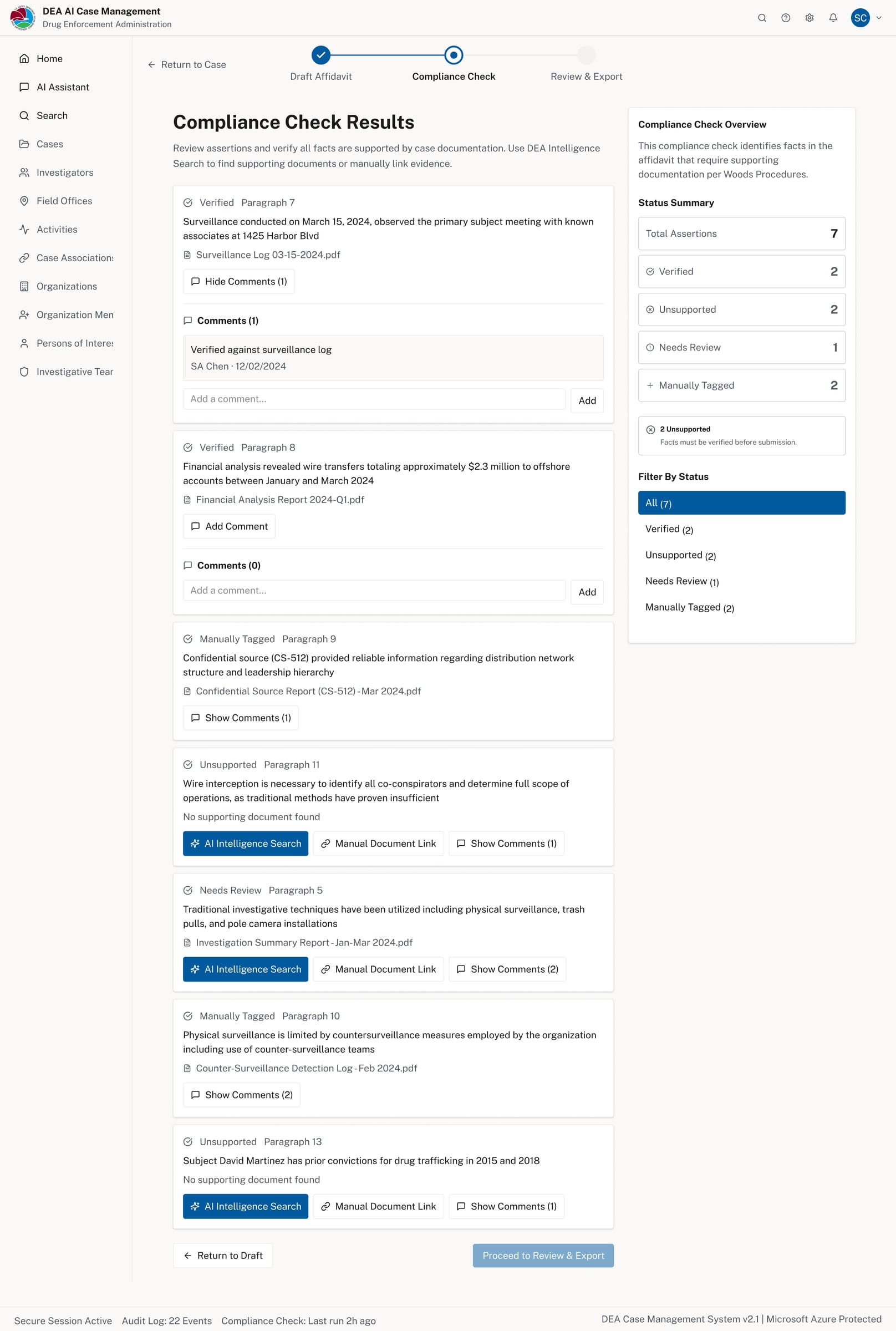 Compliance check results showing assertions with verified, unsupported, and manually tagged statuses