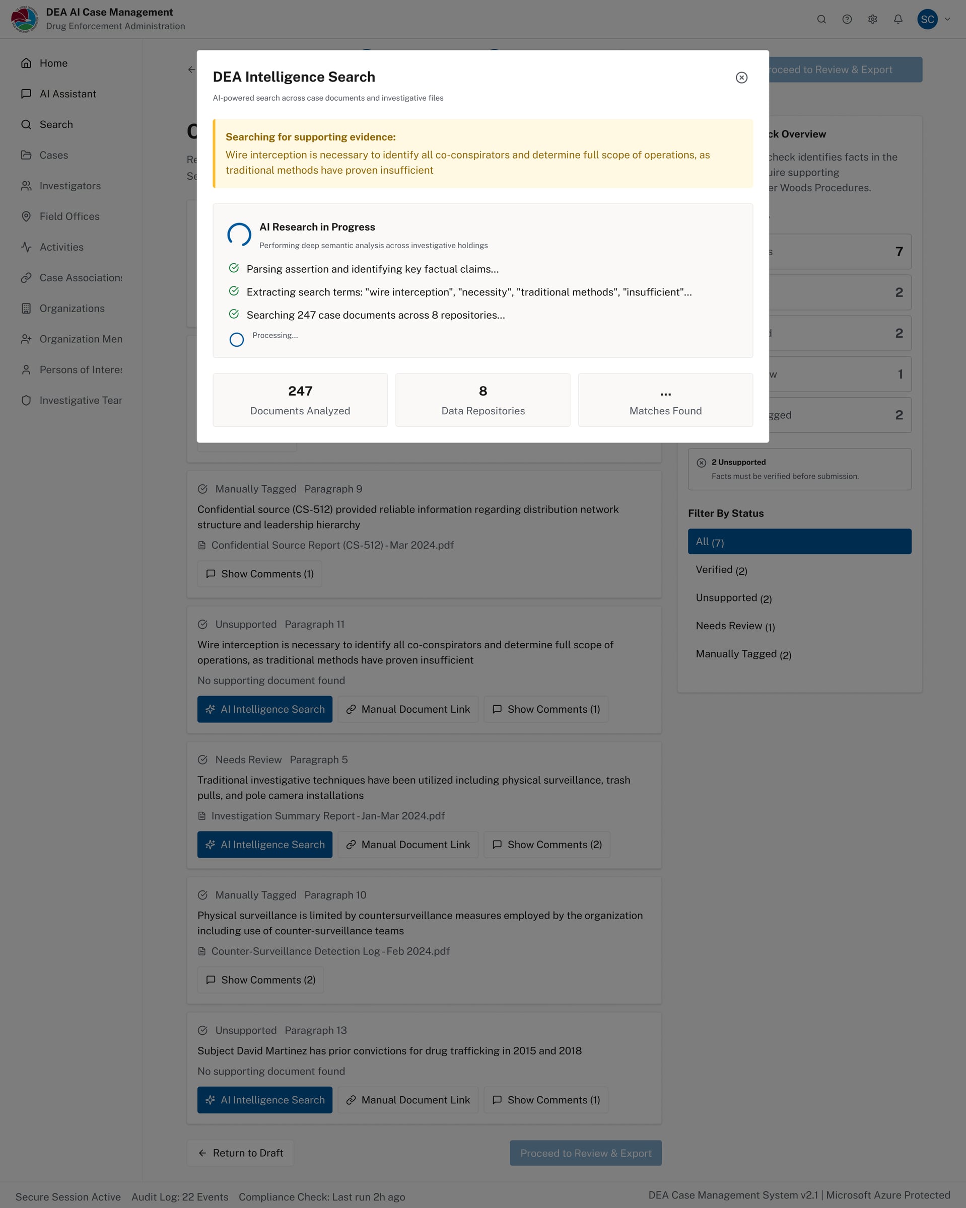 AI Intelligence Search modal showing search in progress with documents analyzed counter