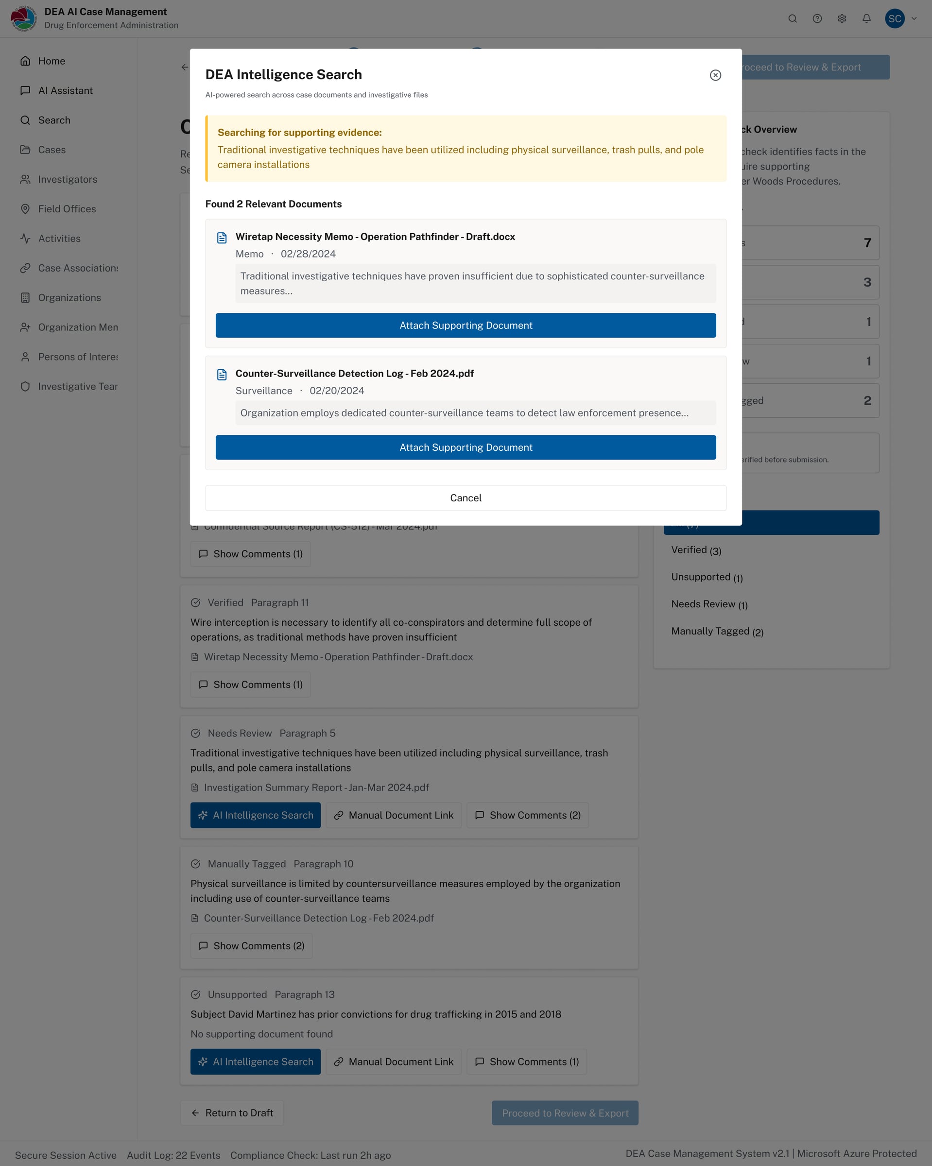 AI search results showing two relevant documents with Attach Supporting Document actions