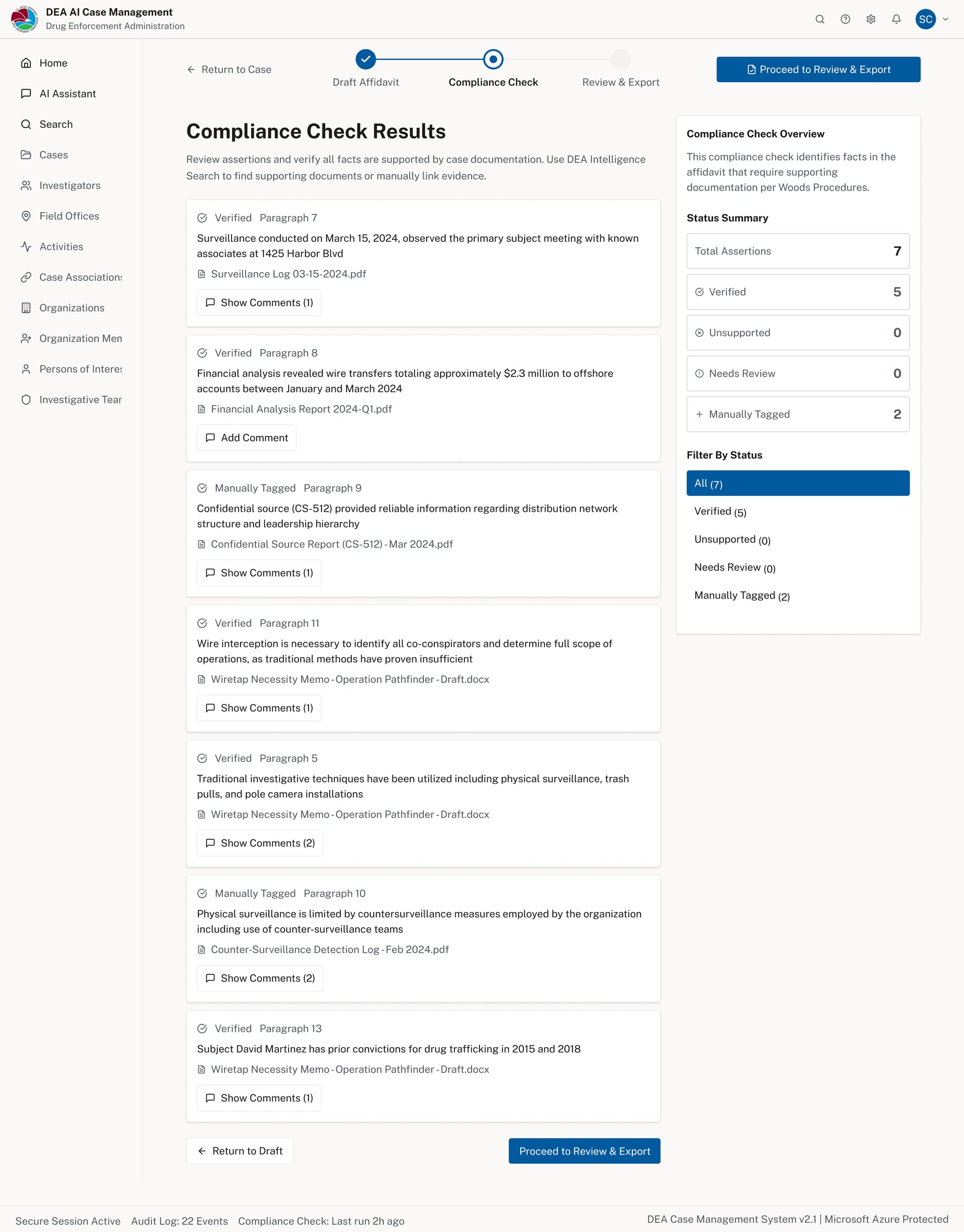 Compliance check results updated after AI verification showing 5 verified, 0 unsupported, 2 manually tagged
