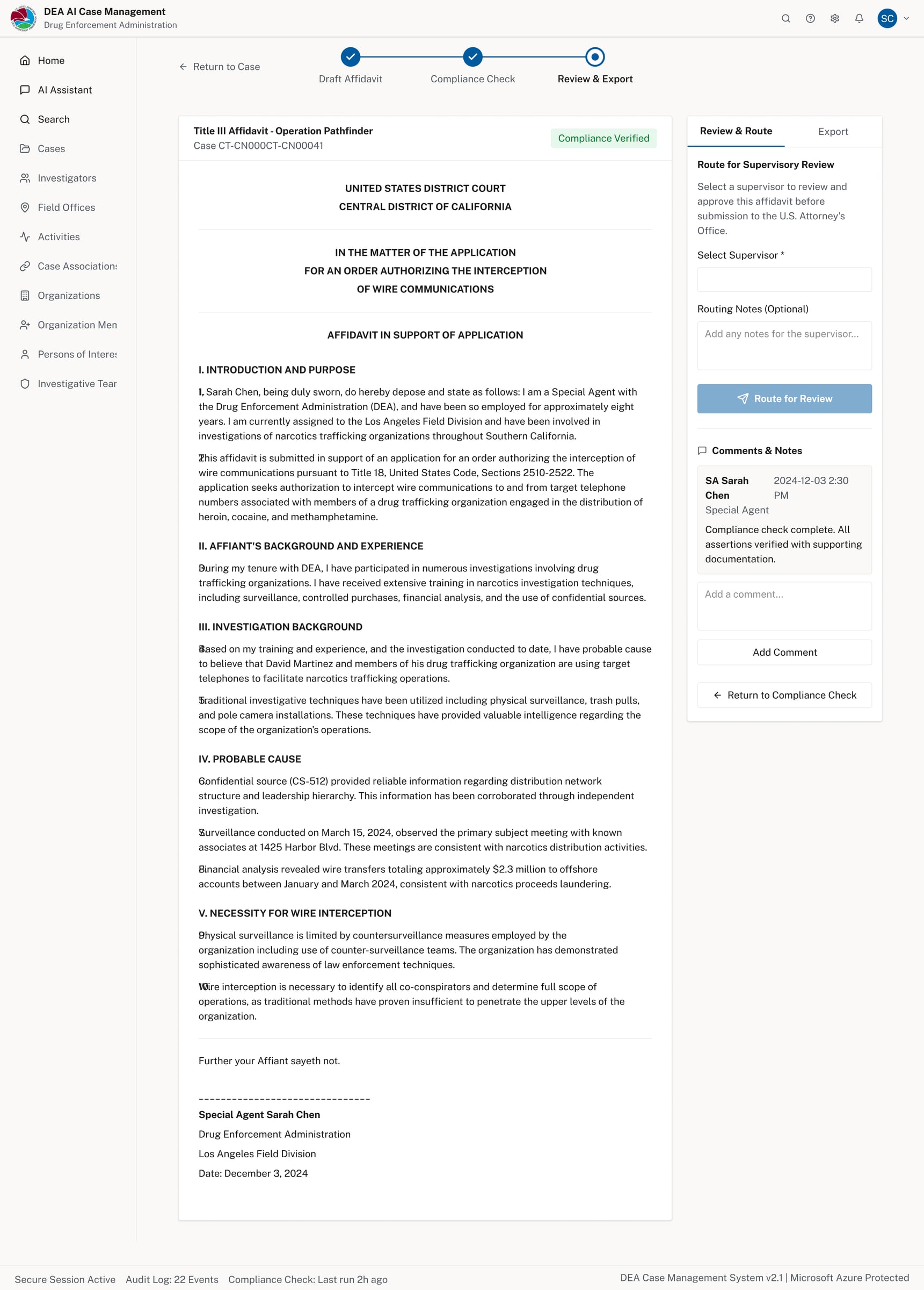 Review and Export screen showing compliance verified status and supervisory review routing panel