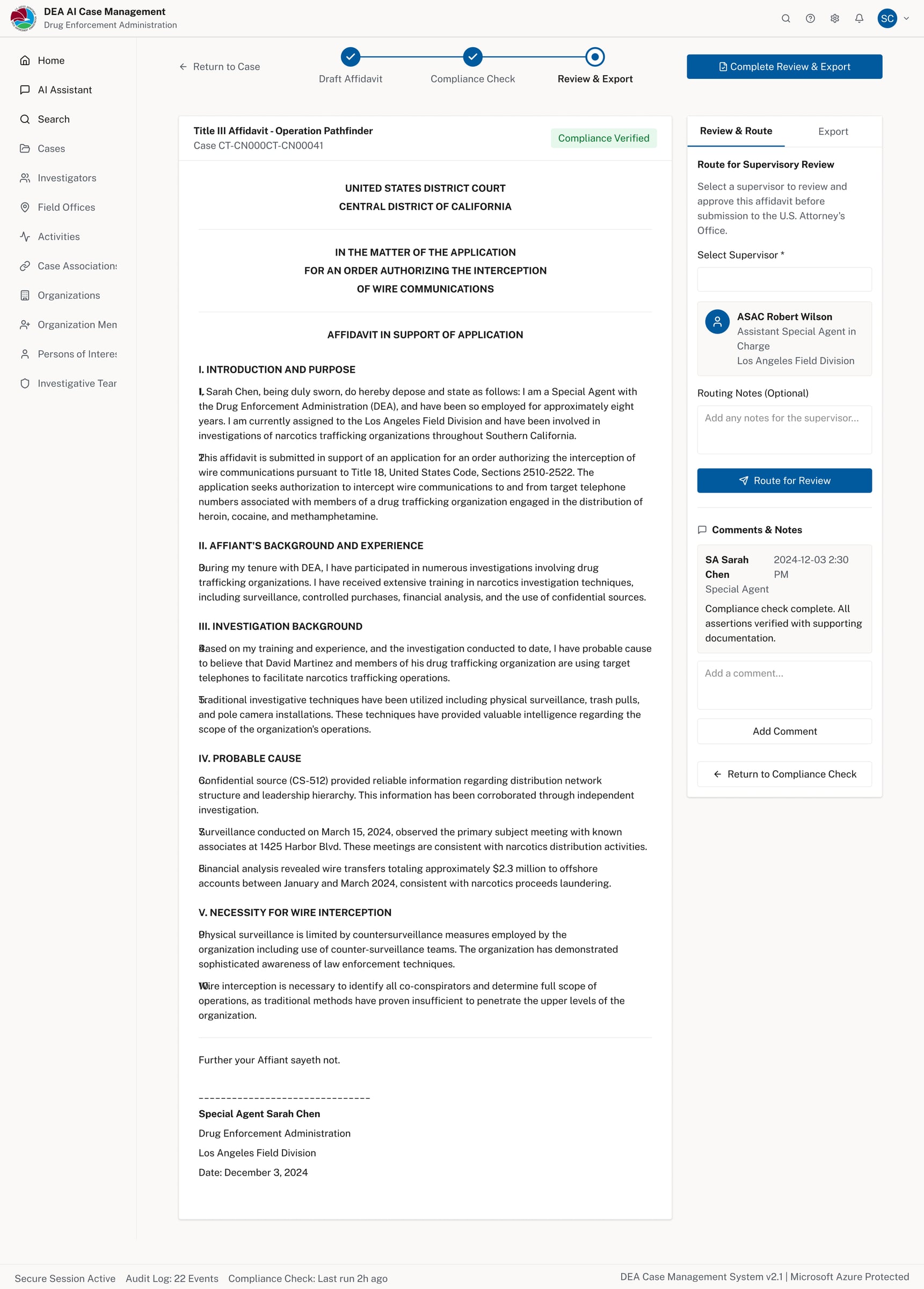 Review and Export screen showing routed for review status with ASAC Robert Wilson assigned