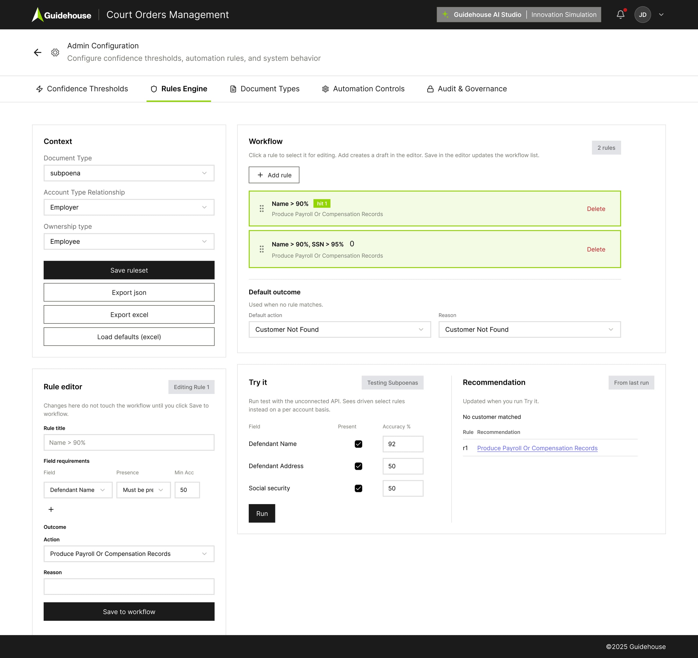 Admin — Rules Engine: multi-rule stacking with live test panel