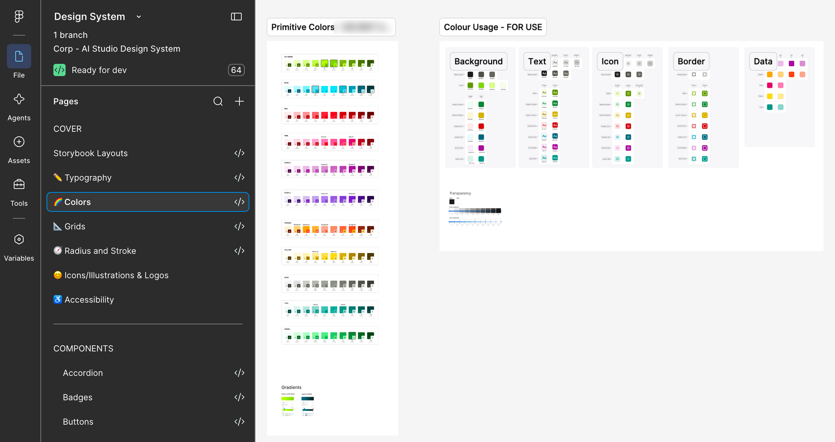 Figma design system file with the page list in the sidebar and the Colors page open