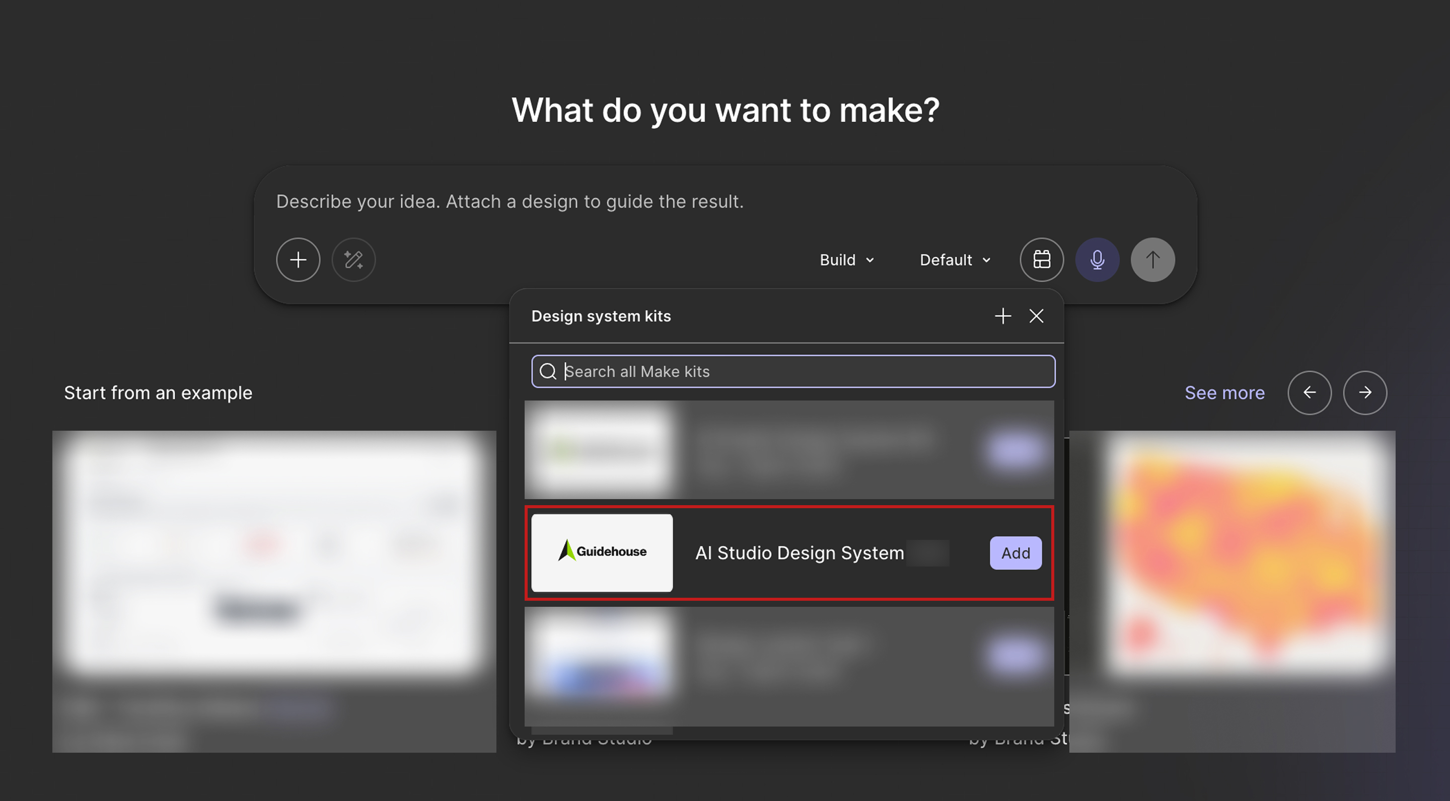 Figma Make design system kits picker with the AI Studio Design System kit highlighted