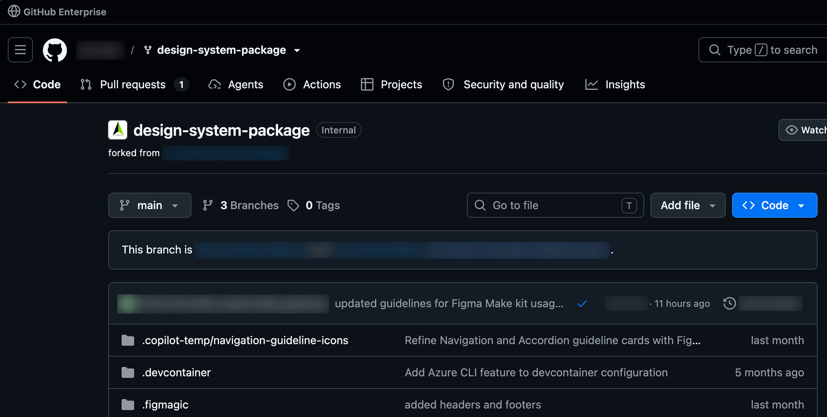 Design system package repository on GitHub Enterprise, forked from the project template, with folders for Storybook, workflows, and docs