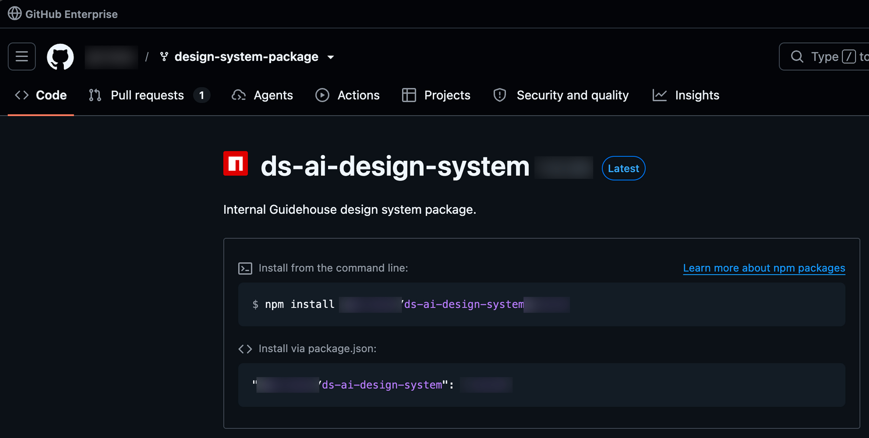 Internal design system package page on GitHub Enterprise marked Latest, with npm install instructions