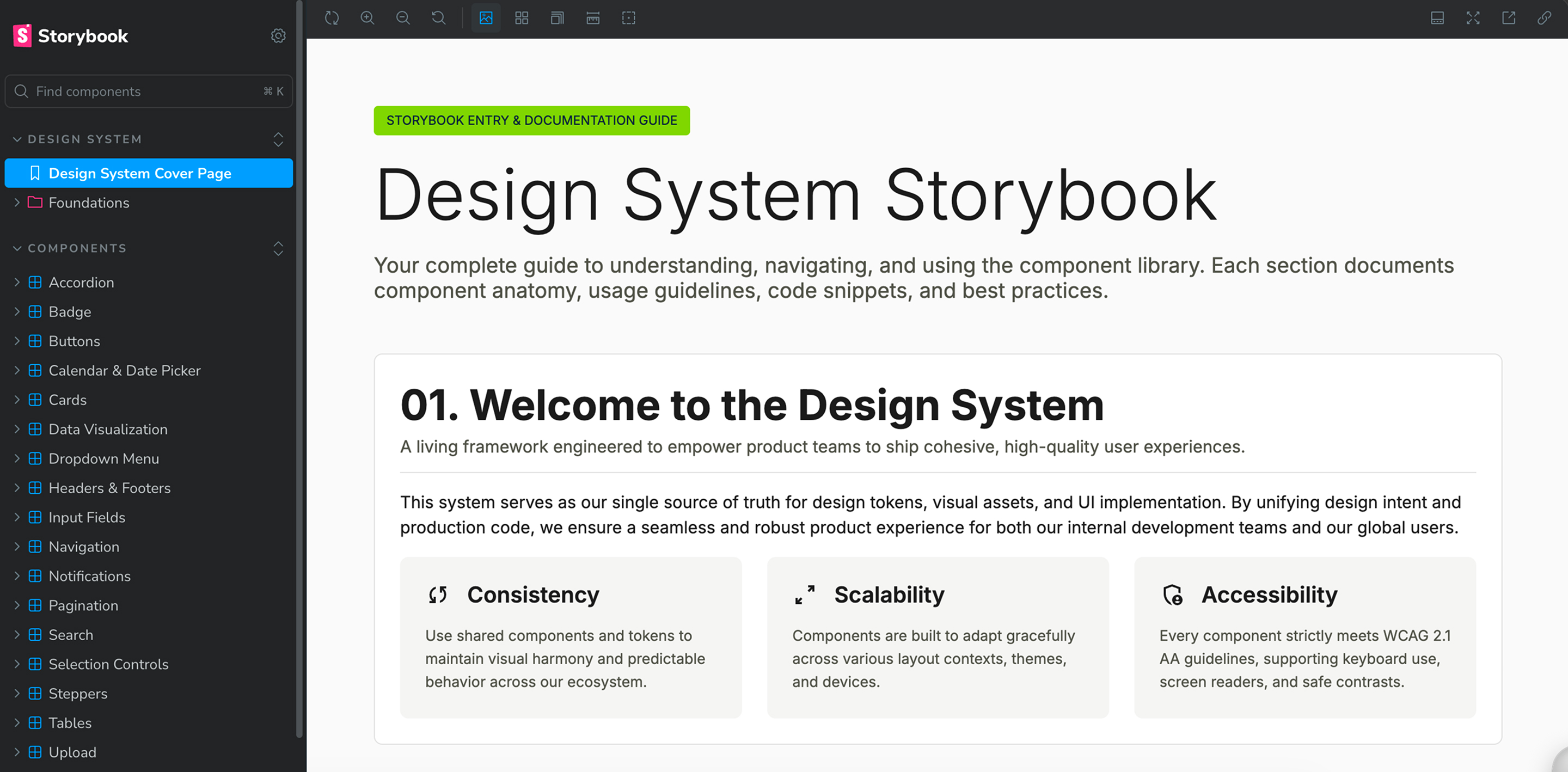 Design System Storybook cover page with the component list in the sidebar and a welcome section on consistency, scalability, and accessibility