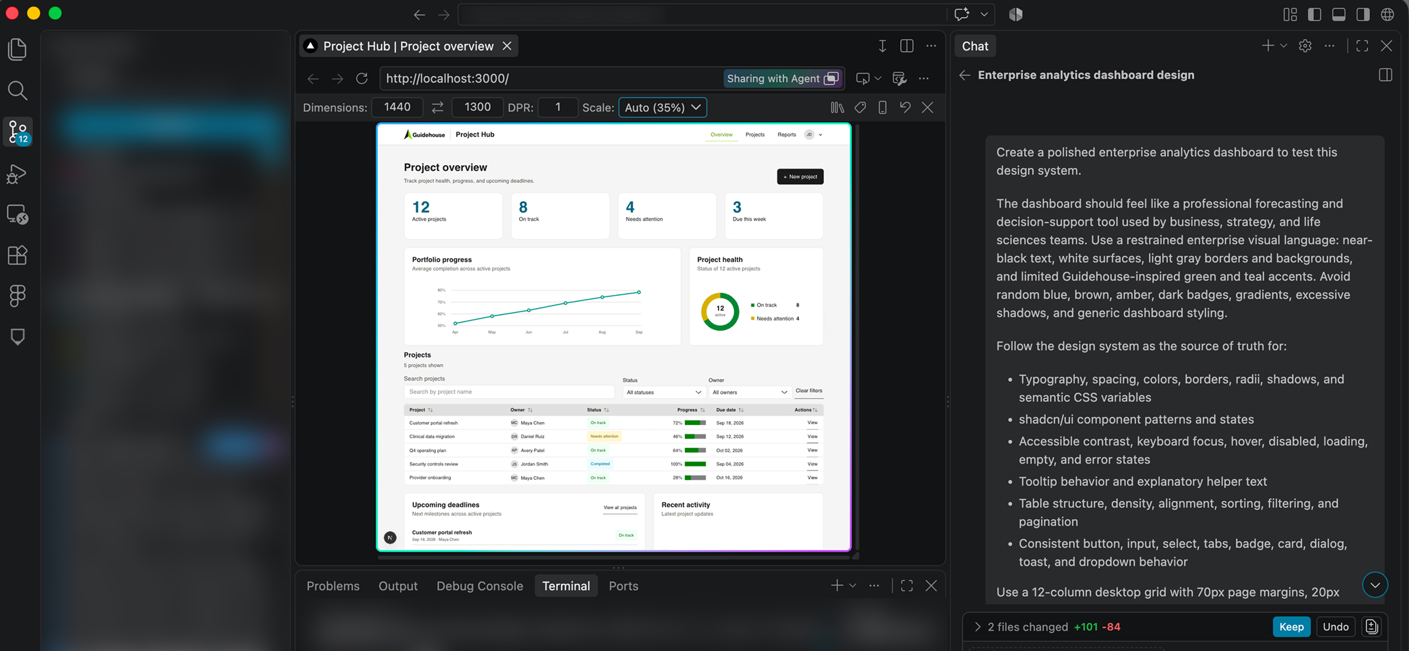VS Code with the AI chat prompt asking for an enterprise analytics dashboard that follows the design system, next to the Project Hub dashboard running on localhost