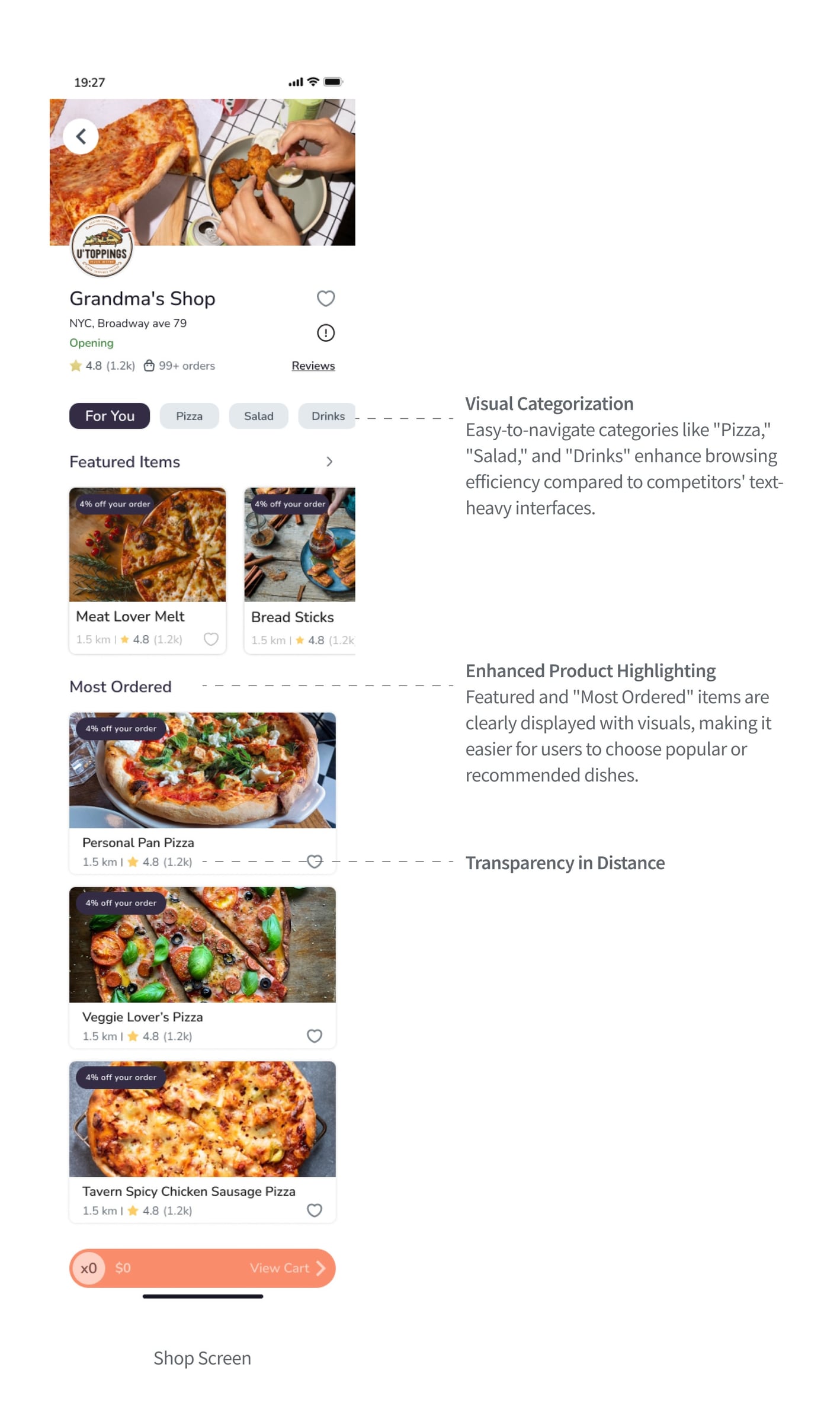 High-fidelity screens showing effortless discovery with popular items and visual menus