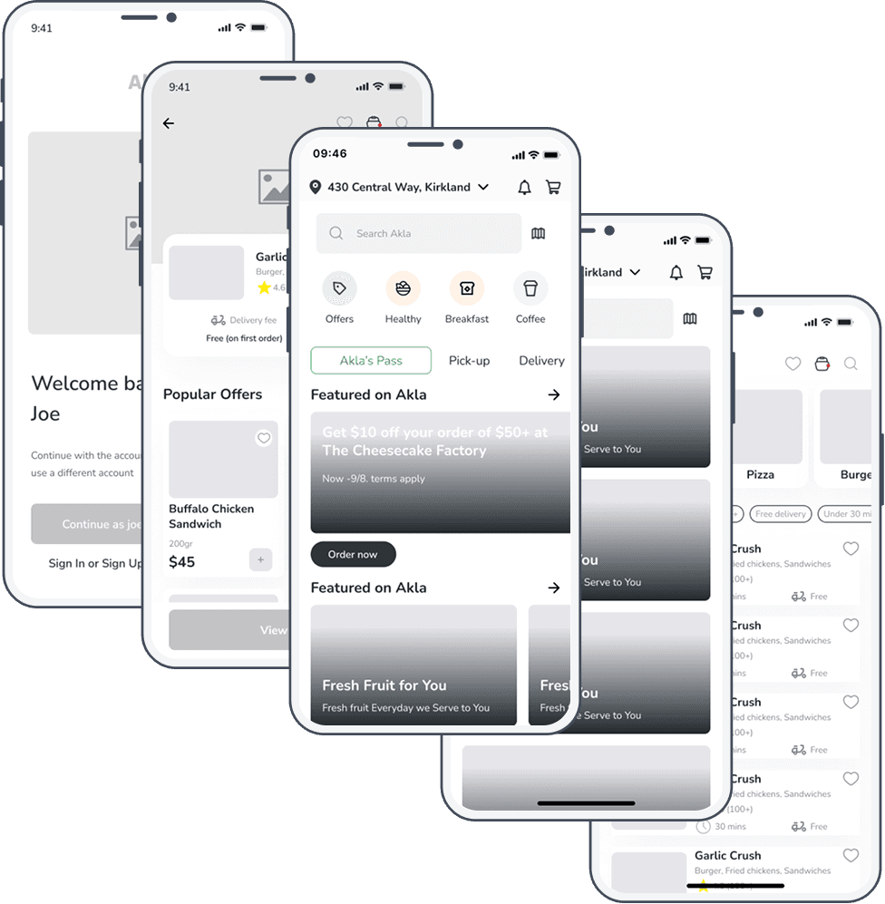Lo-fi and mid-fi wireframes showing core user flows