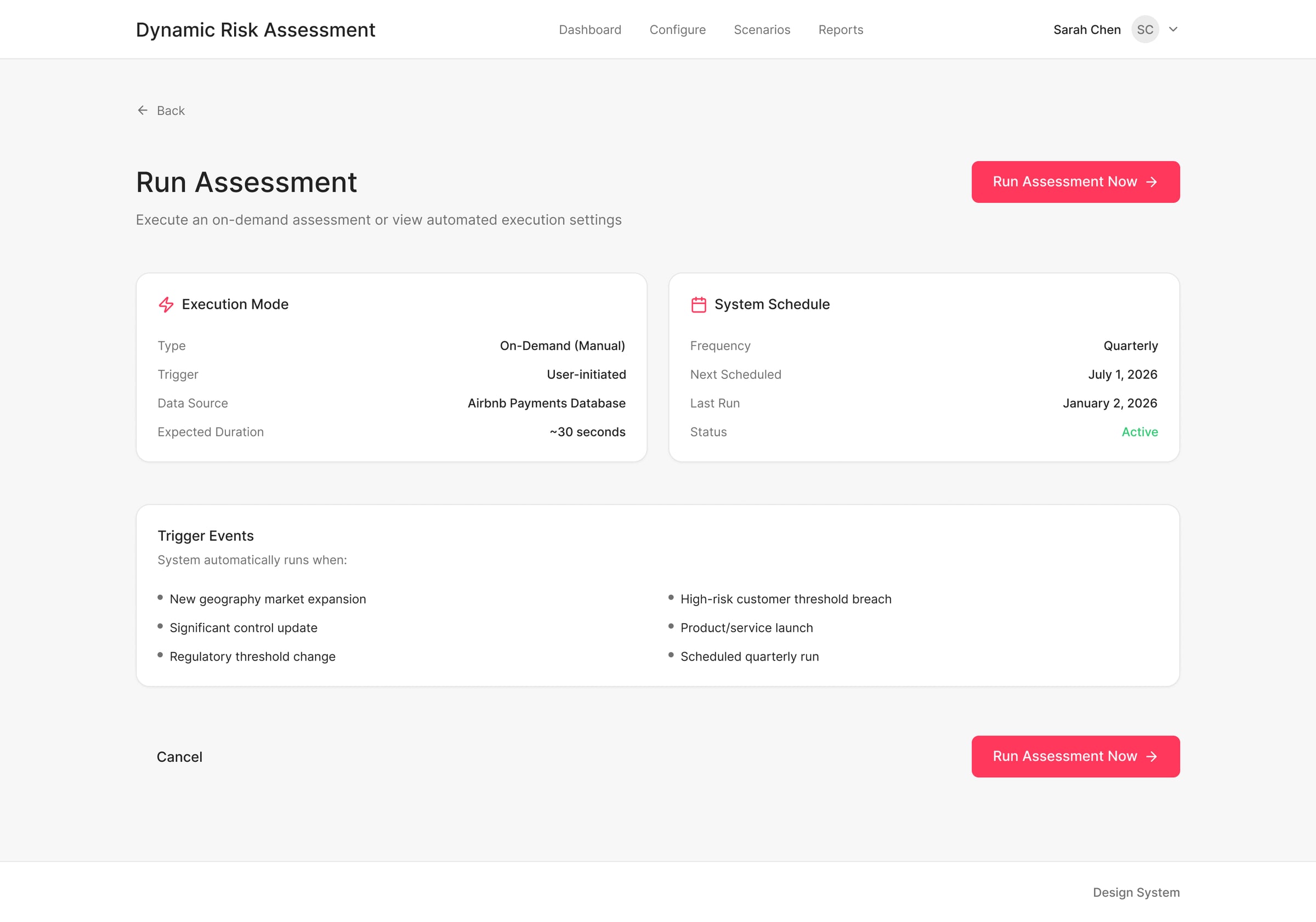 Run Assessment configuration panel showing scope and scheduling options