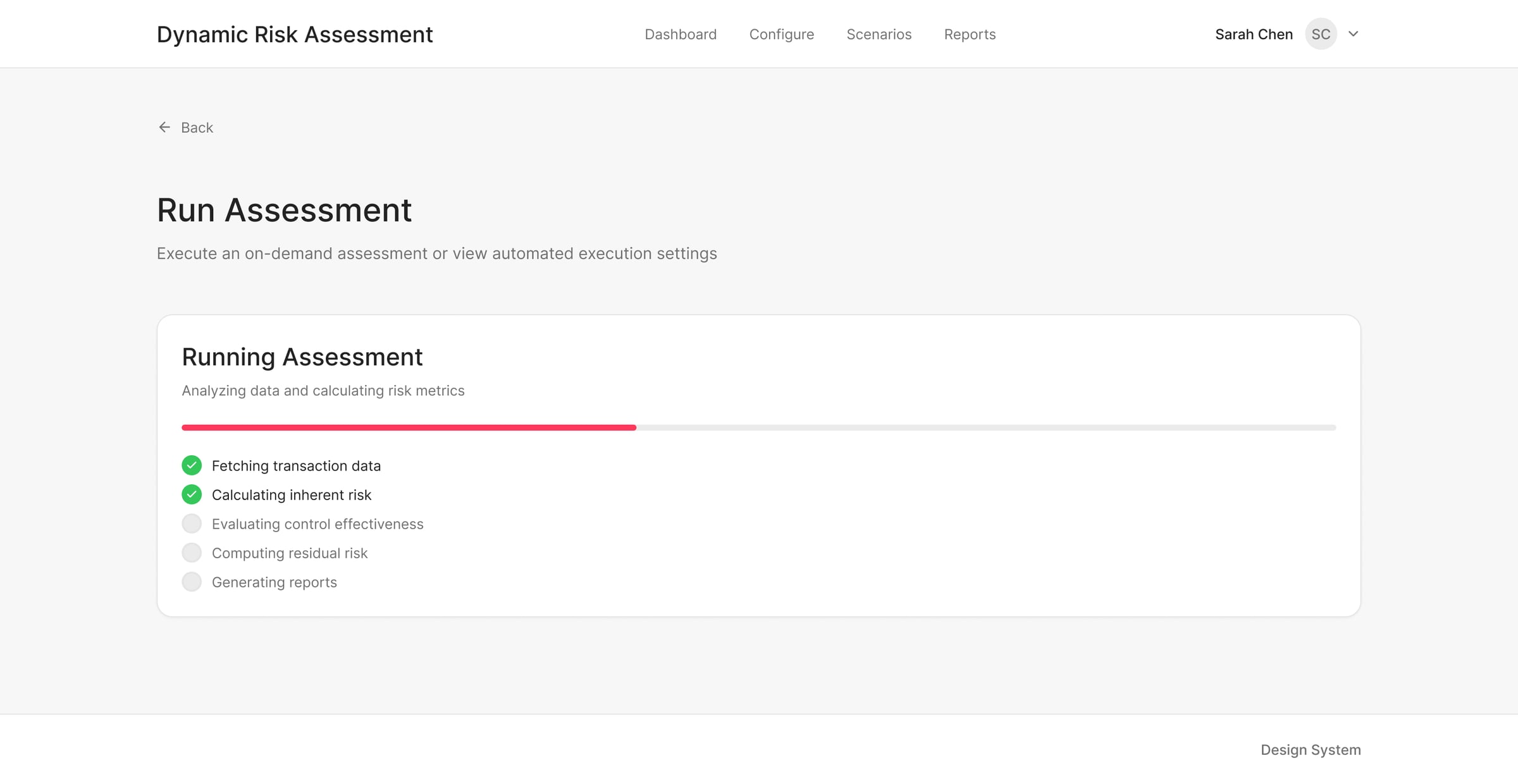 Assessment running progress state with real-time completion indicators
