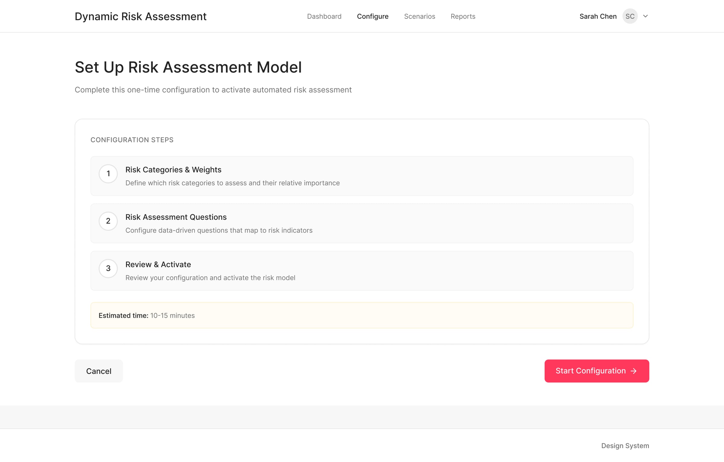 Set Up Risk Assessment Model landing page showing wizard entry point and estimated time