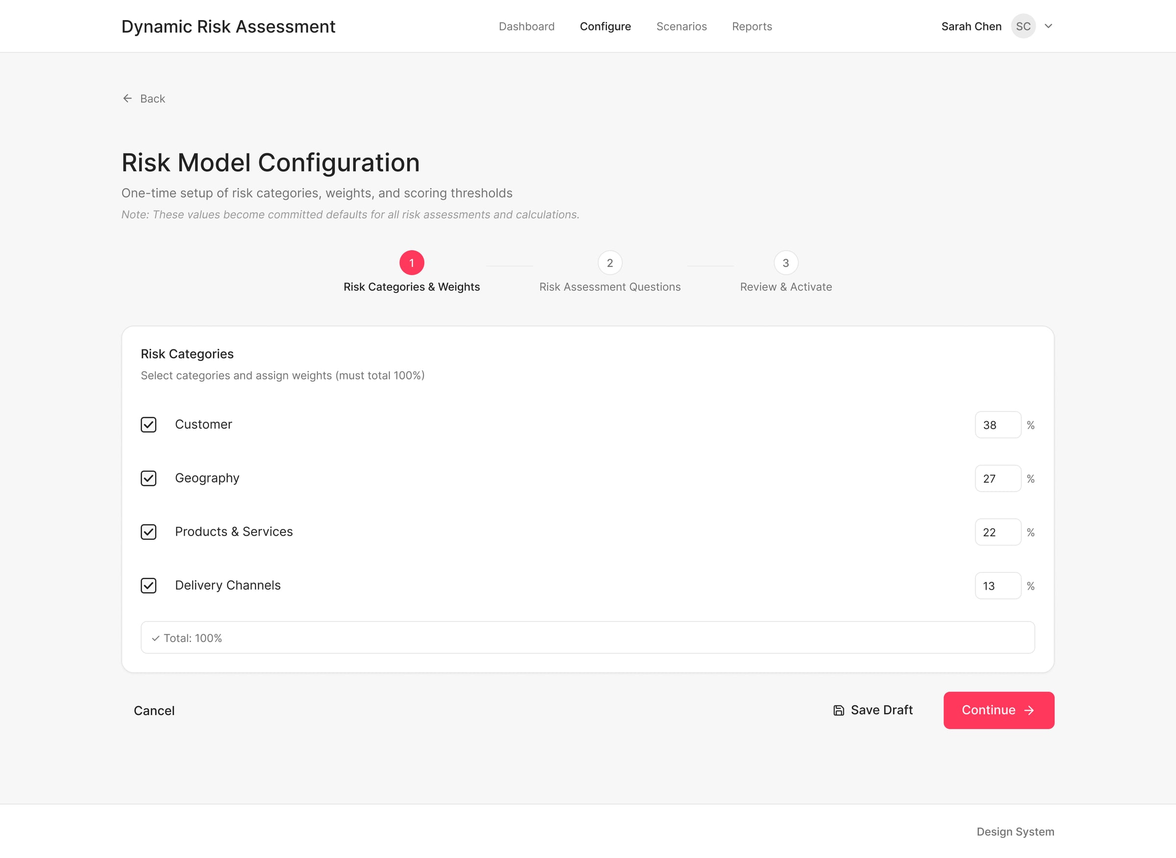 Step 1: Risk Categories and Weights configuration screen