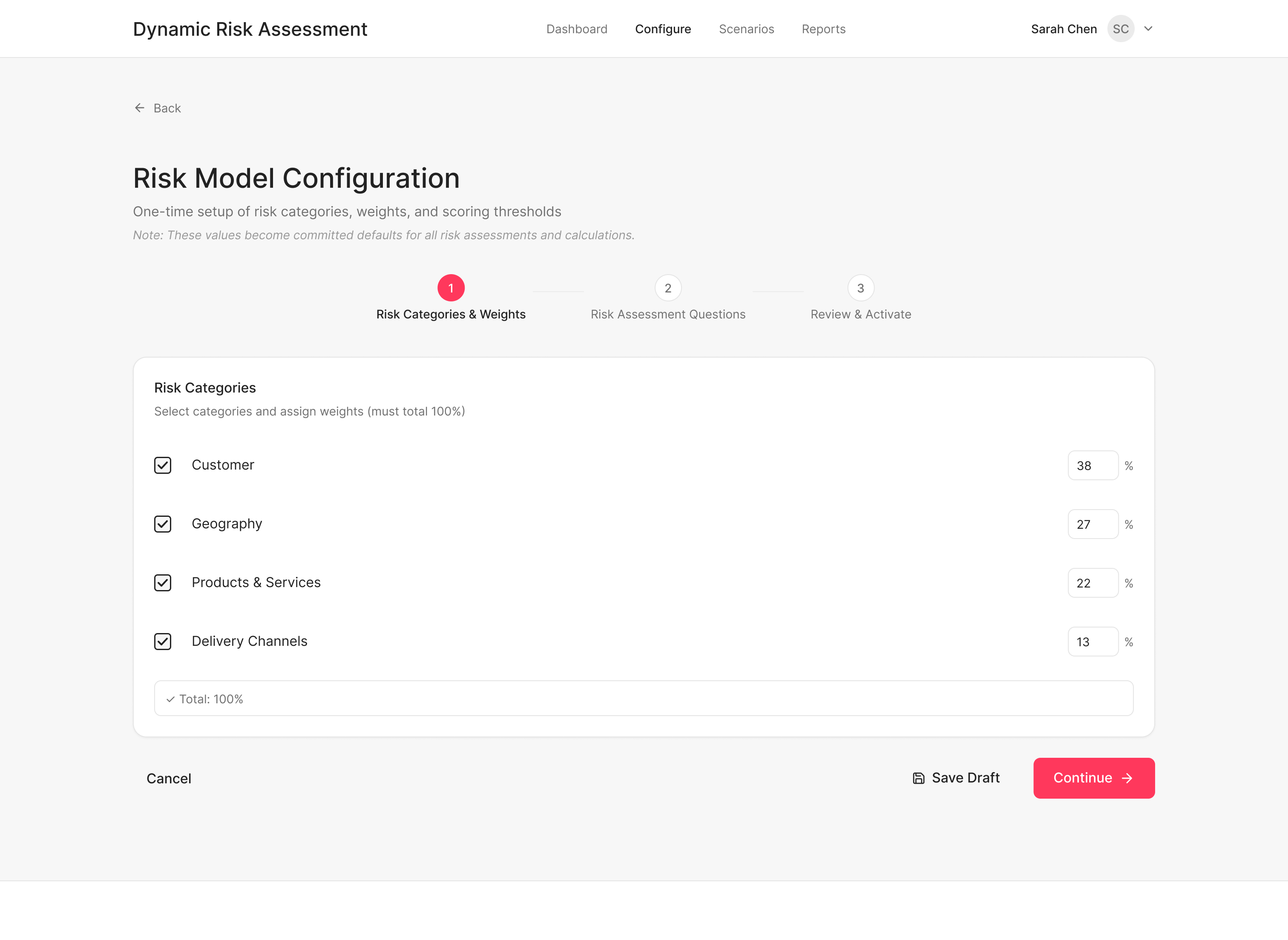 Step 1: Risk Categories and Weights configuration screen