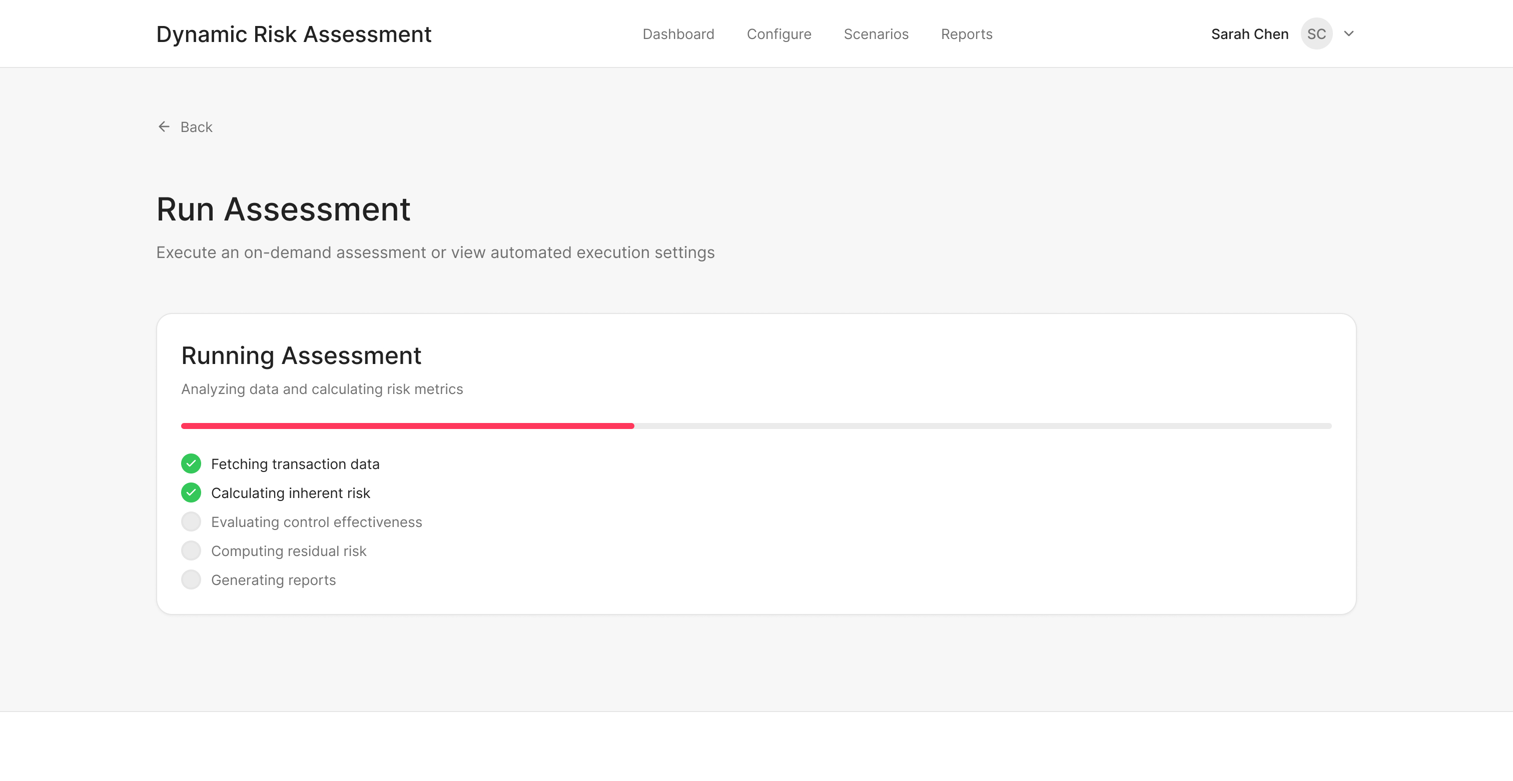 Assessment running progress state with real-time completion indicators