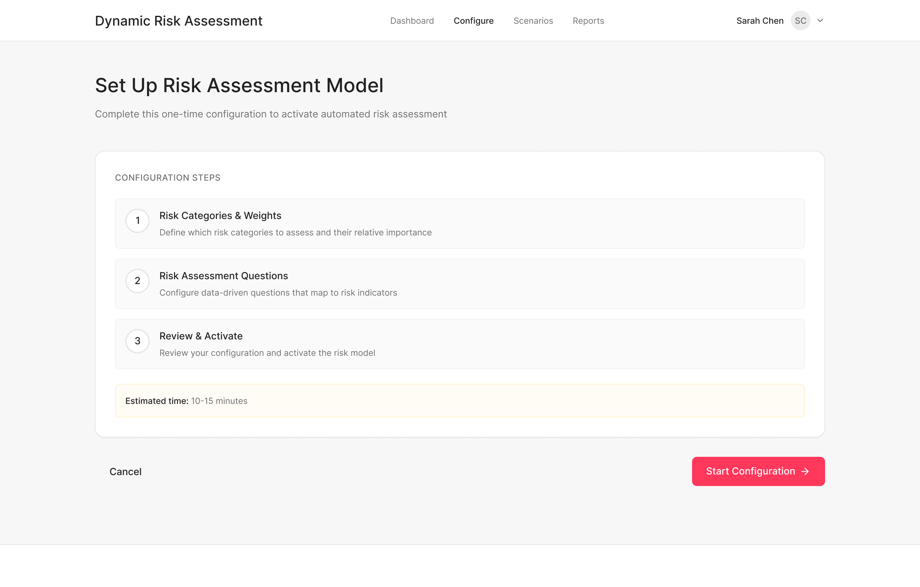 Set Up Risk Assessment Model landing page showing wizard entry point and estimated time