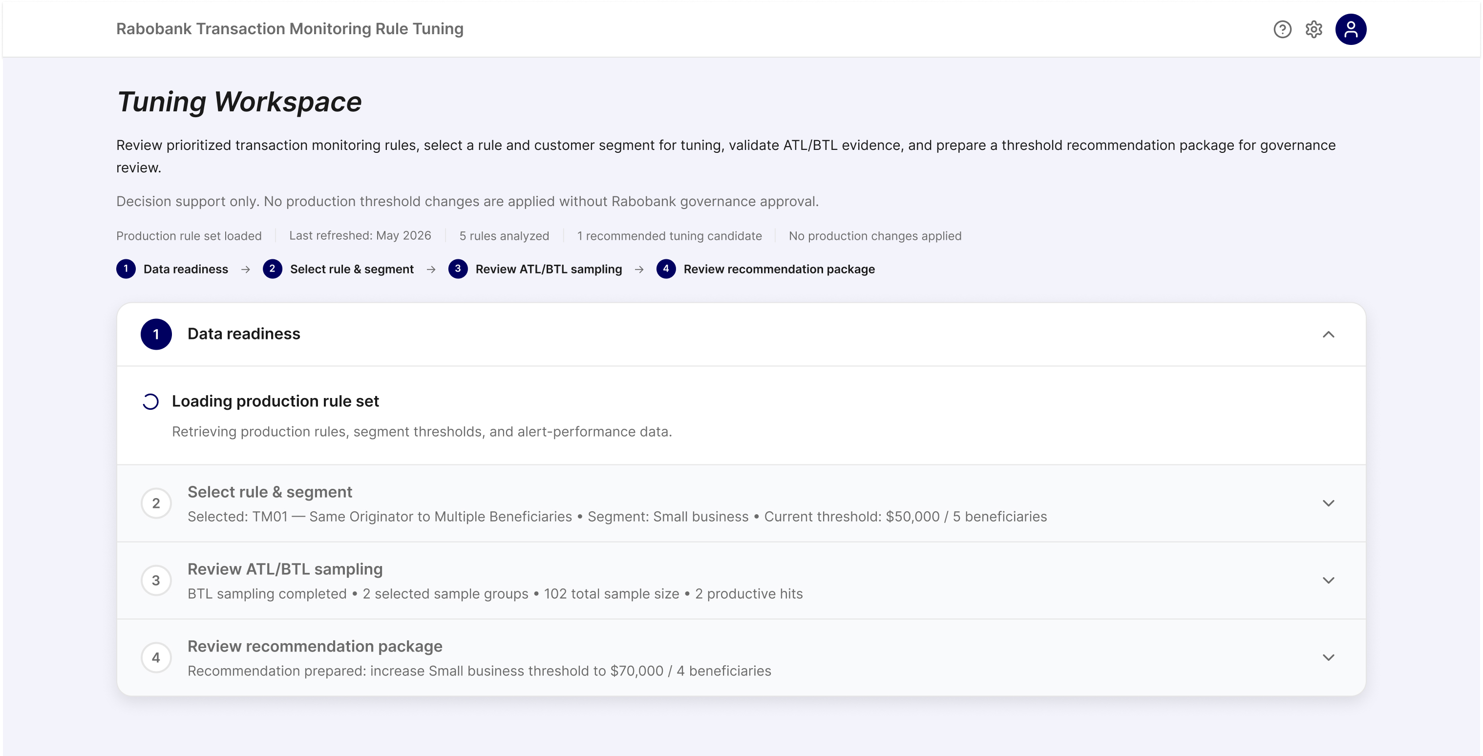 Tuning Workspace opening state showing the four-step stepper and Data readiness accordion loading the production rule set