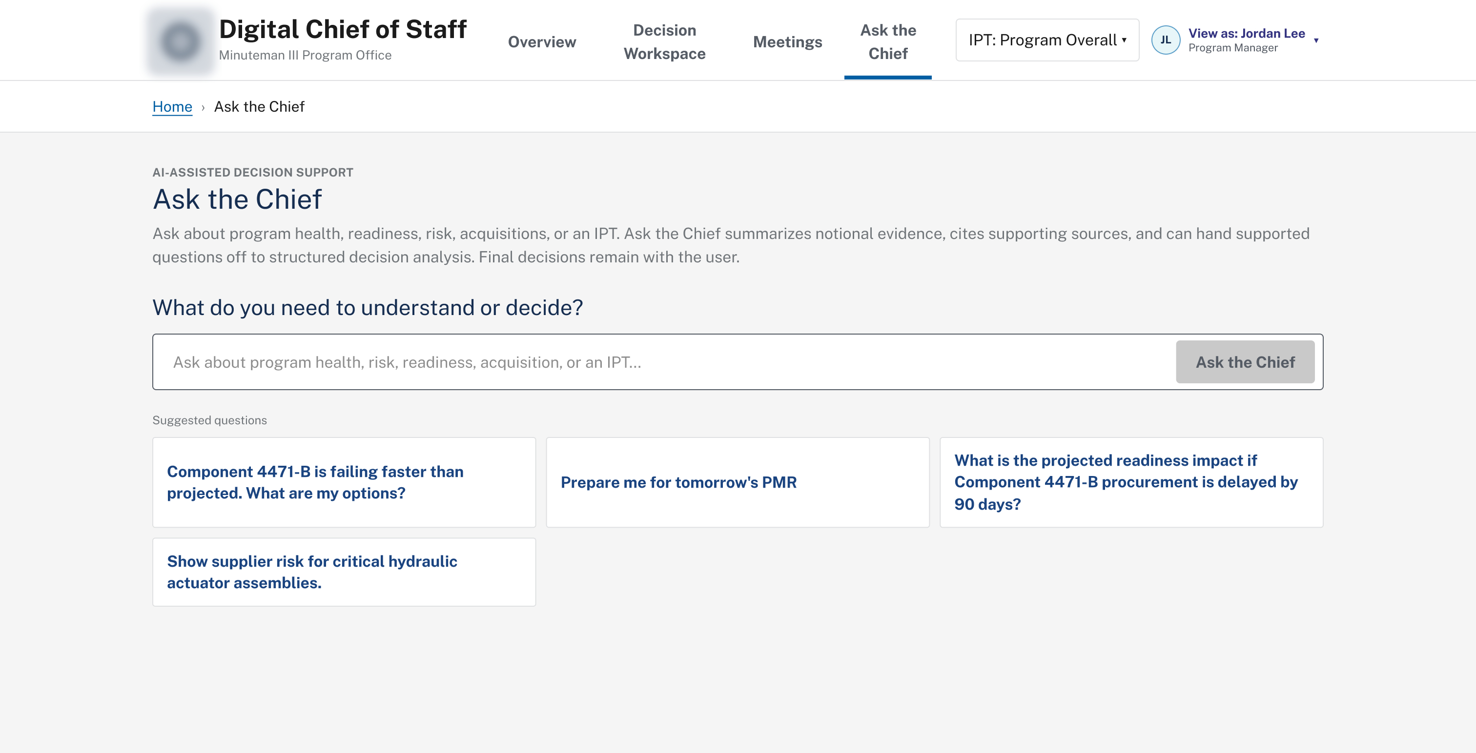 Ask the Chief landing page with a query field and suggested questions about program health, risk, and readiness