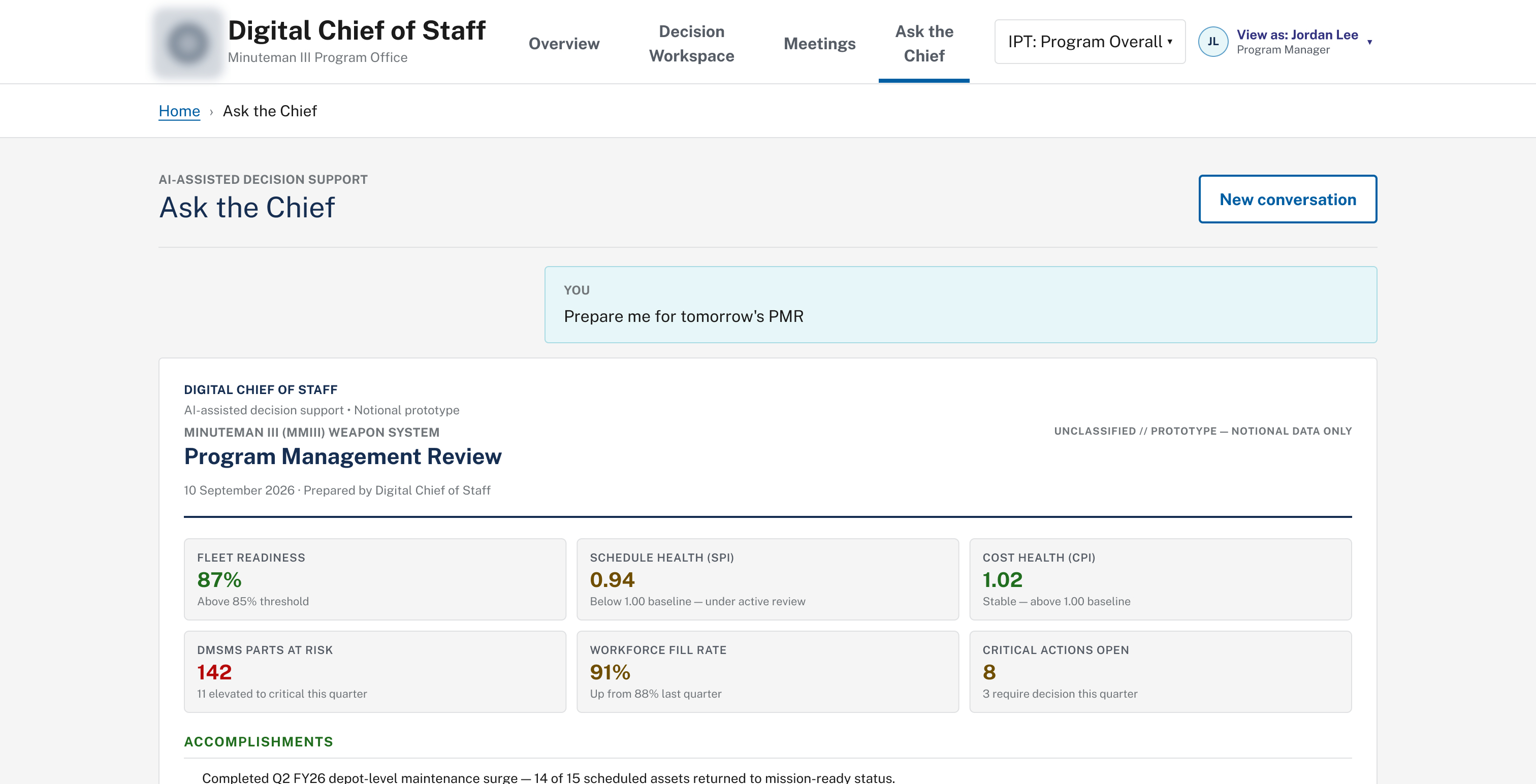 Ask the Chief response preparing a Program Management Review brief with accomplishments and issues by severity