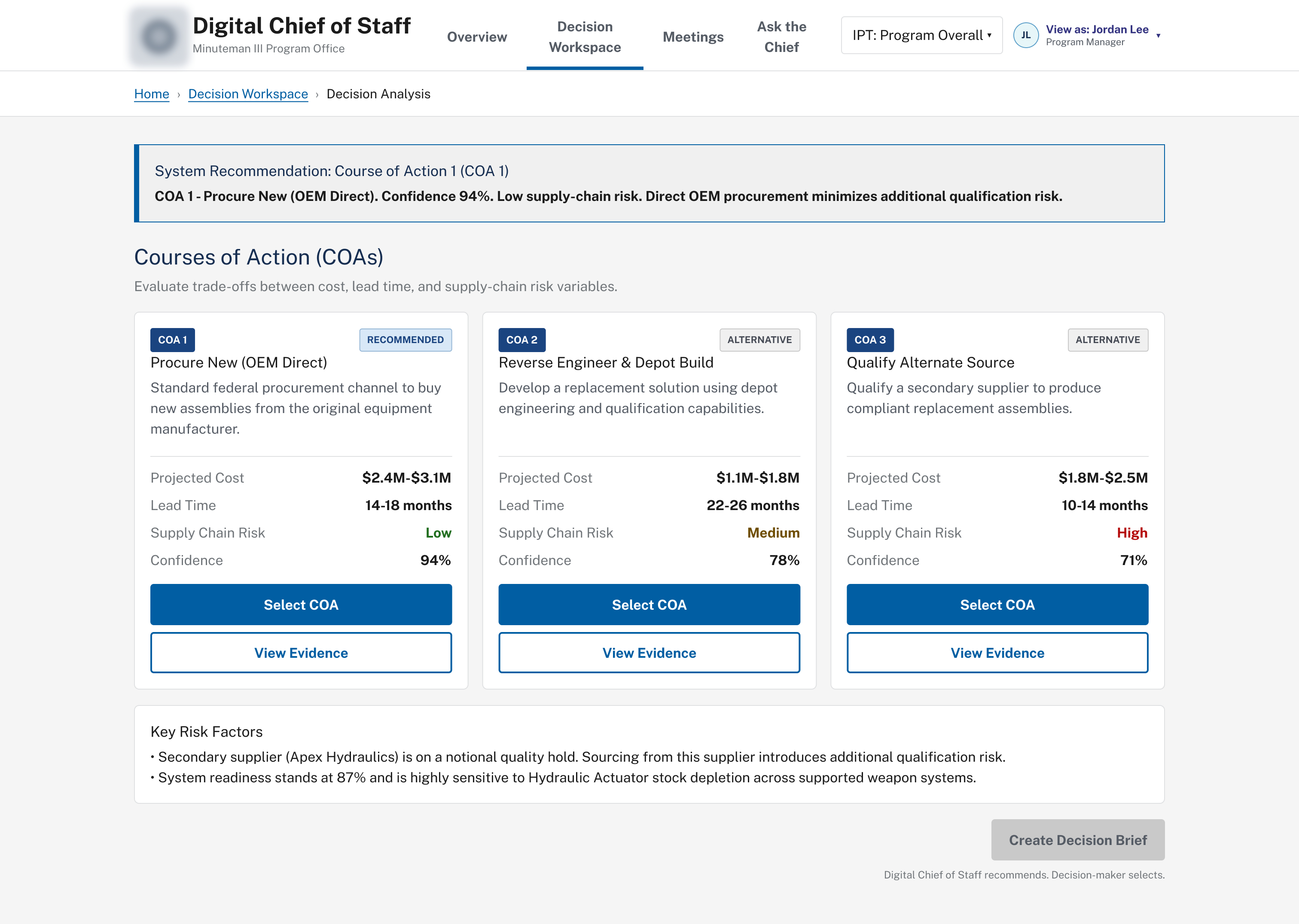 Decision workspace comparing three courses of action by projected cost, lead time, supply-chain risk, and confidence
