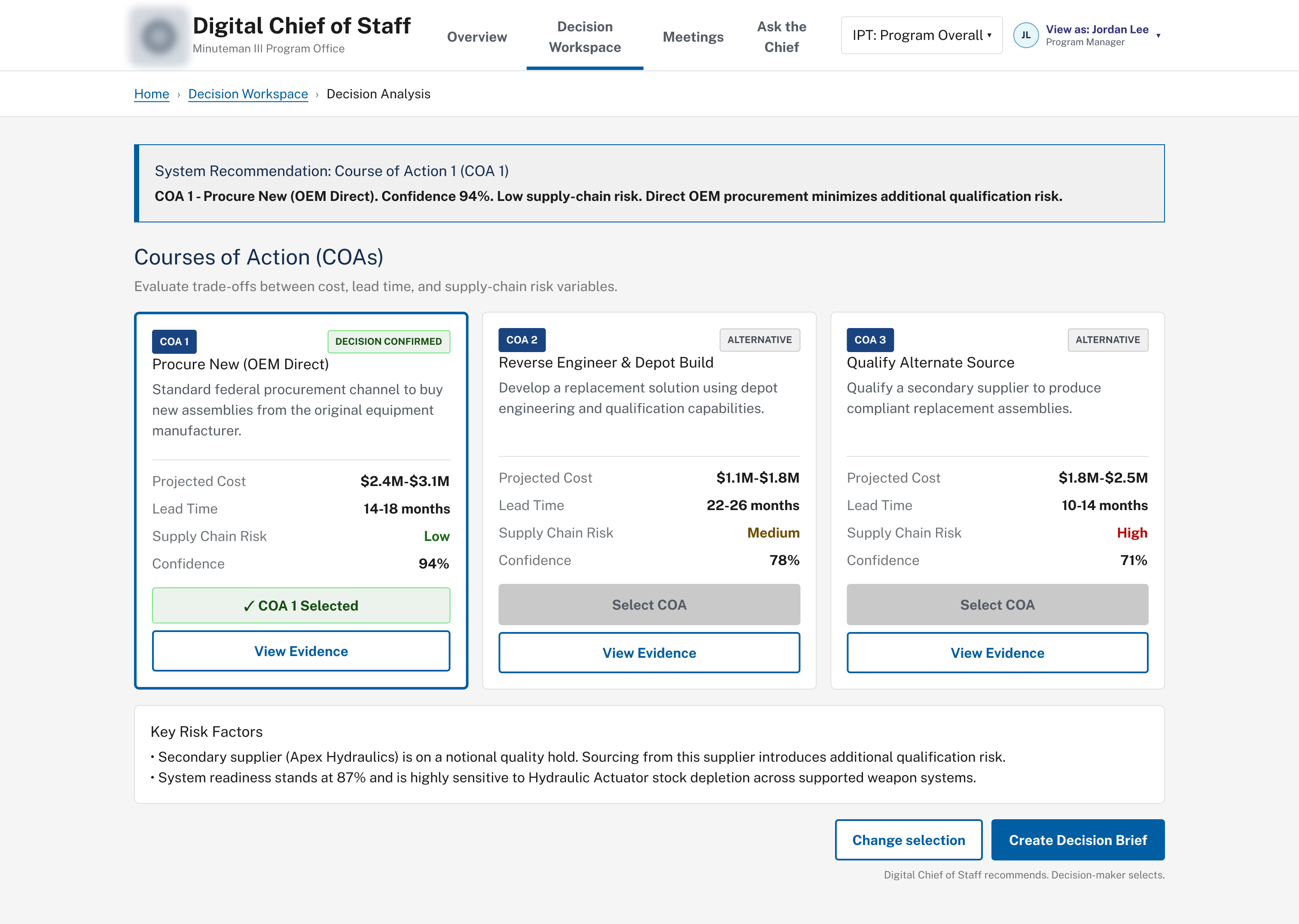 Decision workspace after a course of action has been selected, showing a confirmed decision state