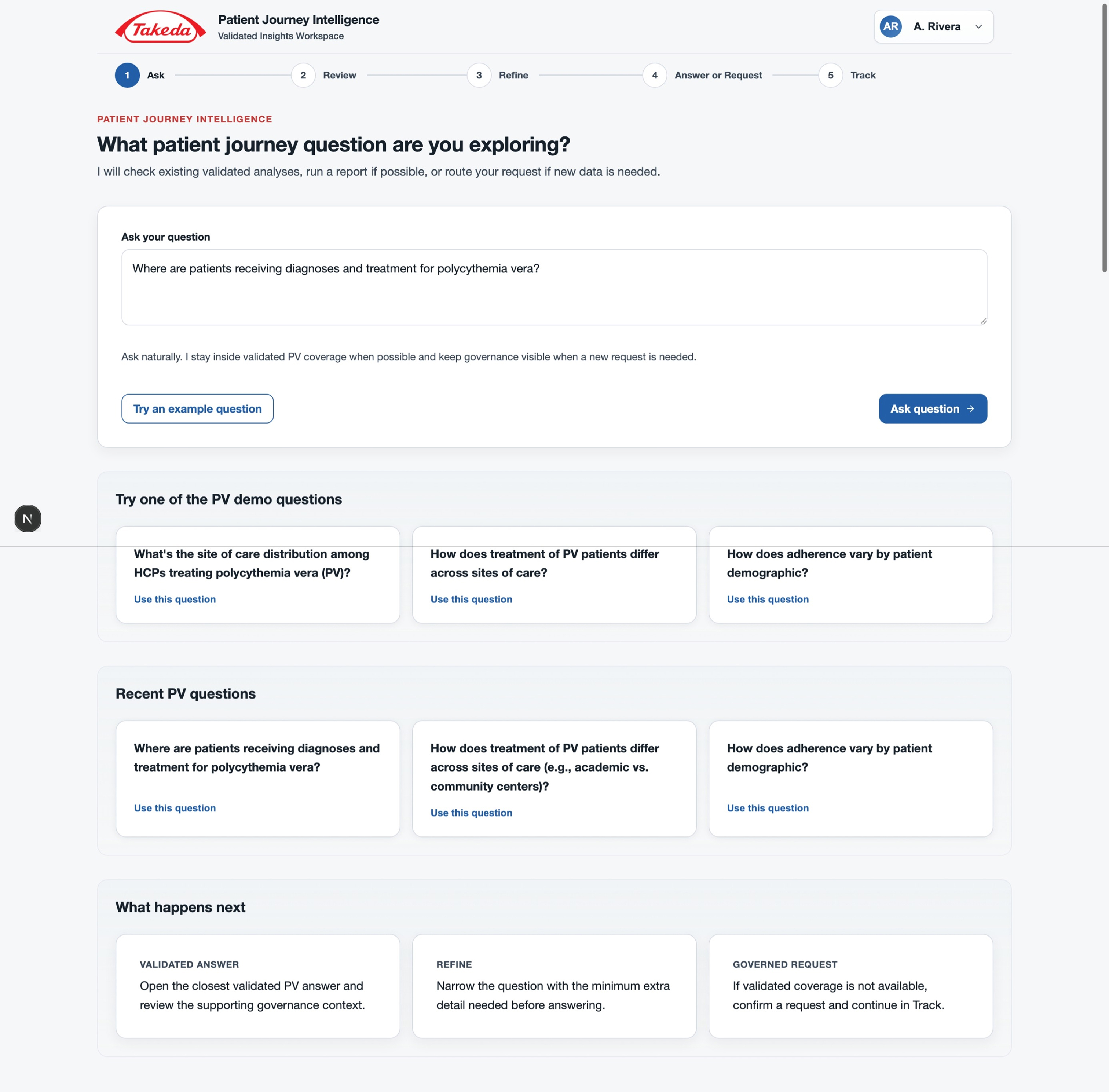 Ask interface with a large natural-language question input, example PV demo questions, and recent questions