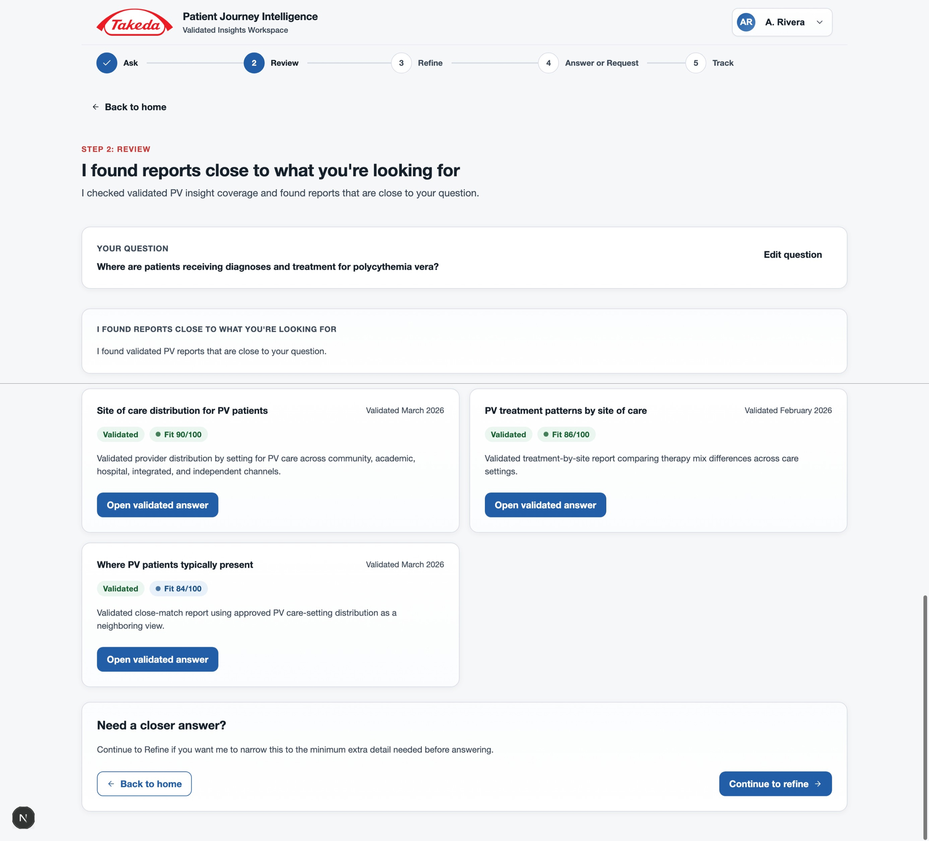 Review screen showing close validated reports with fit scores and validation dates
