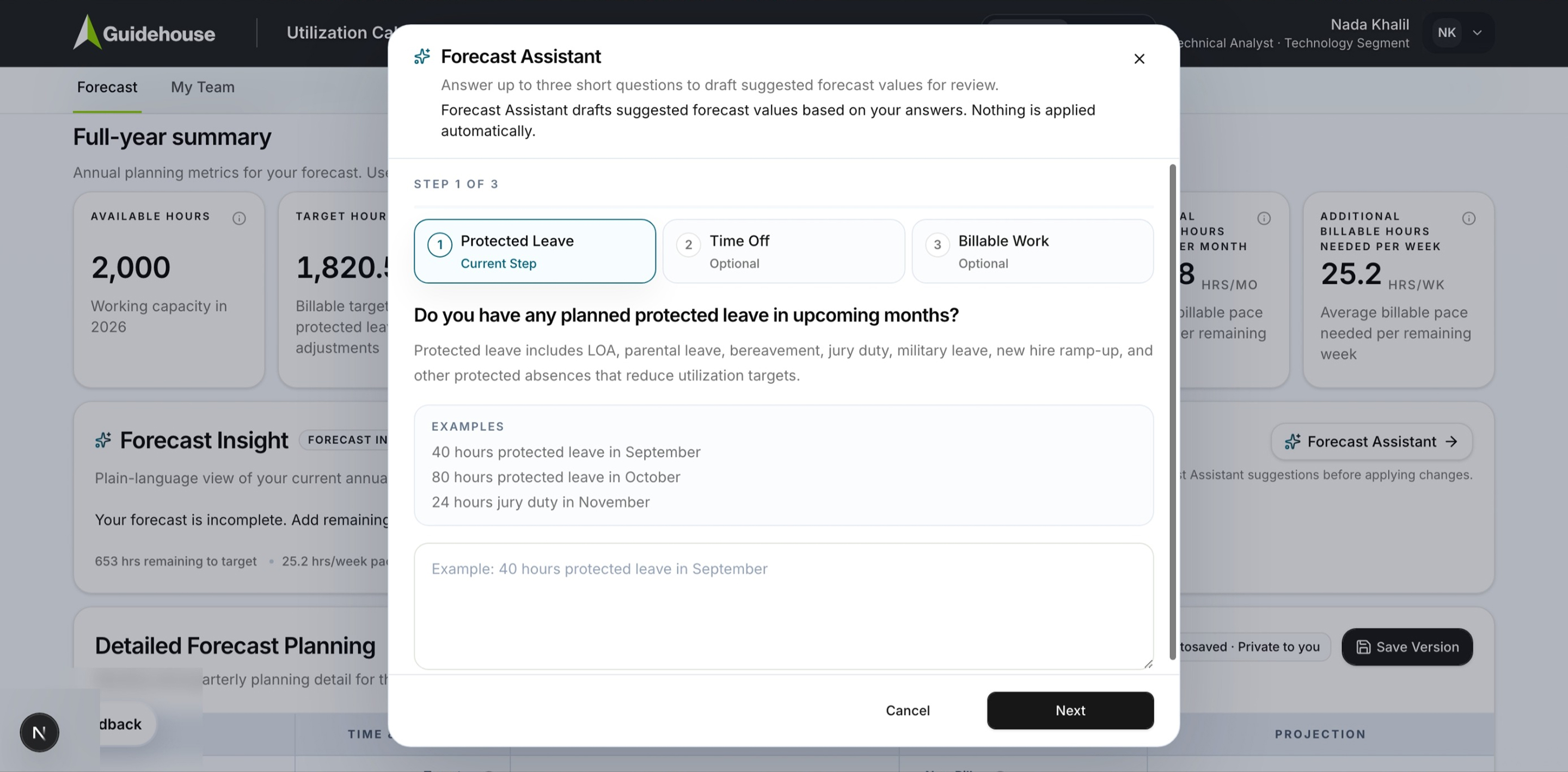 Forecast Assistant, step 1: protected leave, with examples shown inline