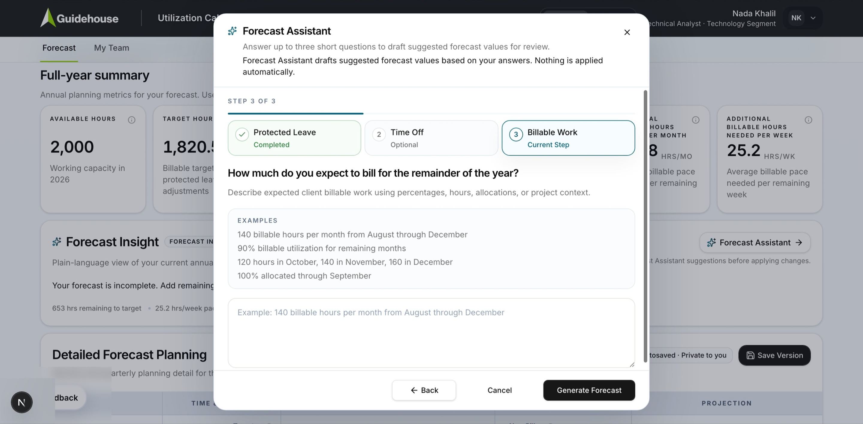 Forecast Assistant, step 3: billable work, with examples shown inline