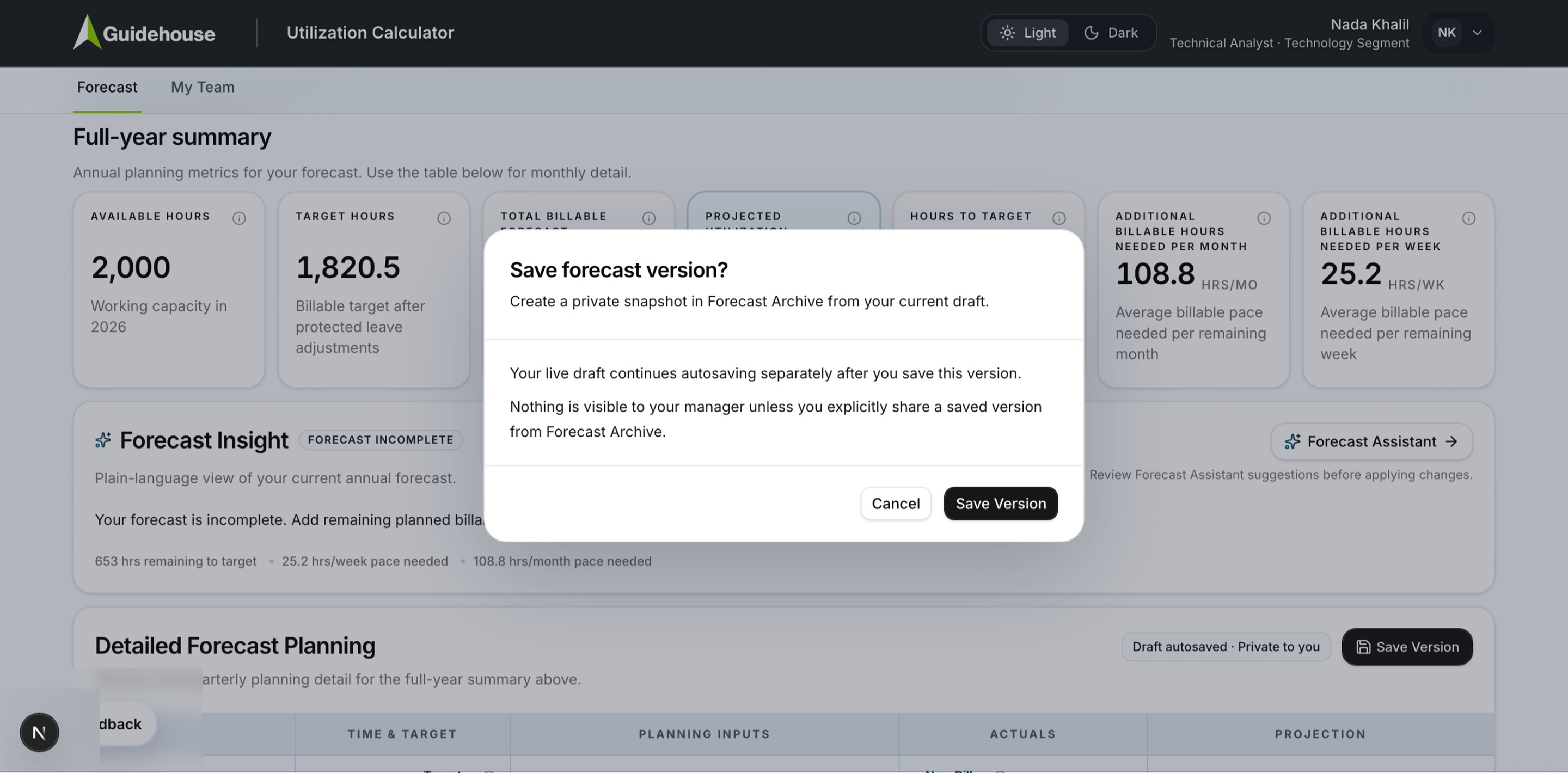 Save forecast version dialog, clarifying that the live draft keeps autosaving and nothing is visible to a manager until explicitly shared