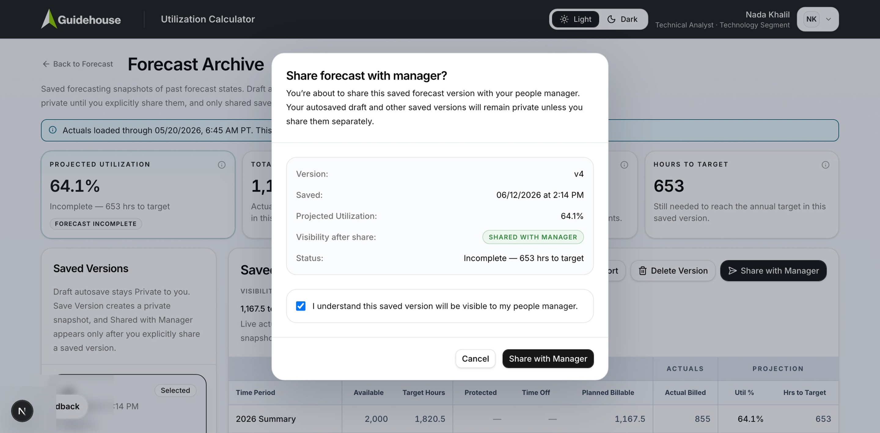 Share confirmation showing version, timestamp, projected utilization, and visibility after share