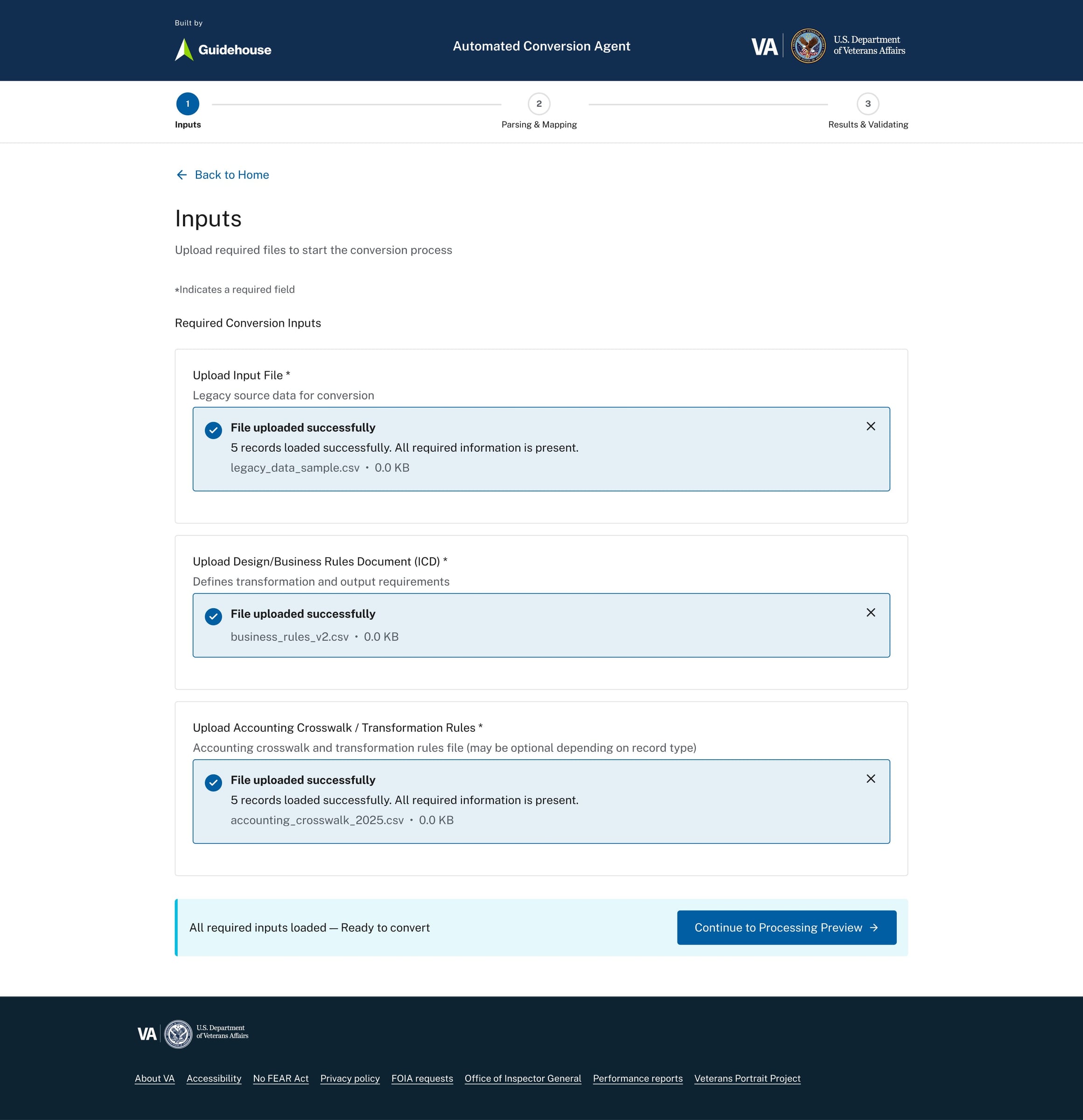 Upload confirmation with record counts and readiness validation before processing