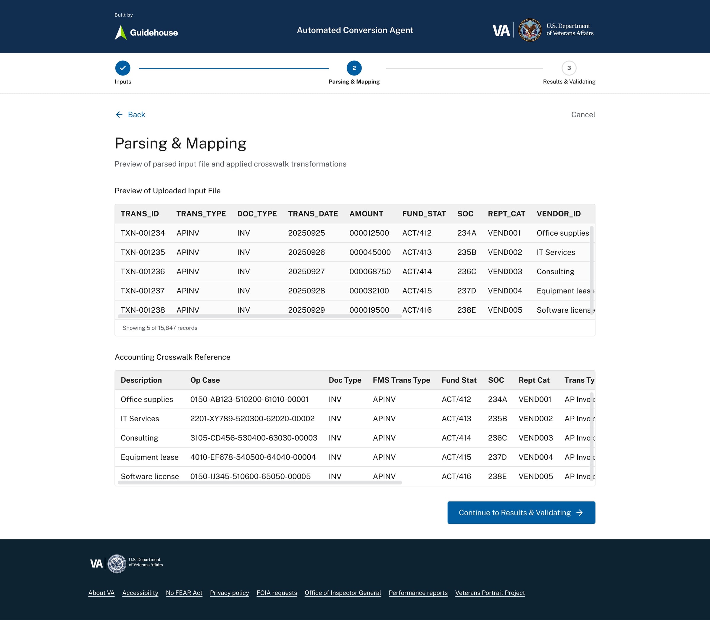 Parsed transaction preview showing applied accounting crosswalk and mapped fields