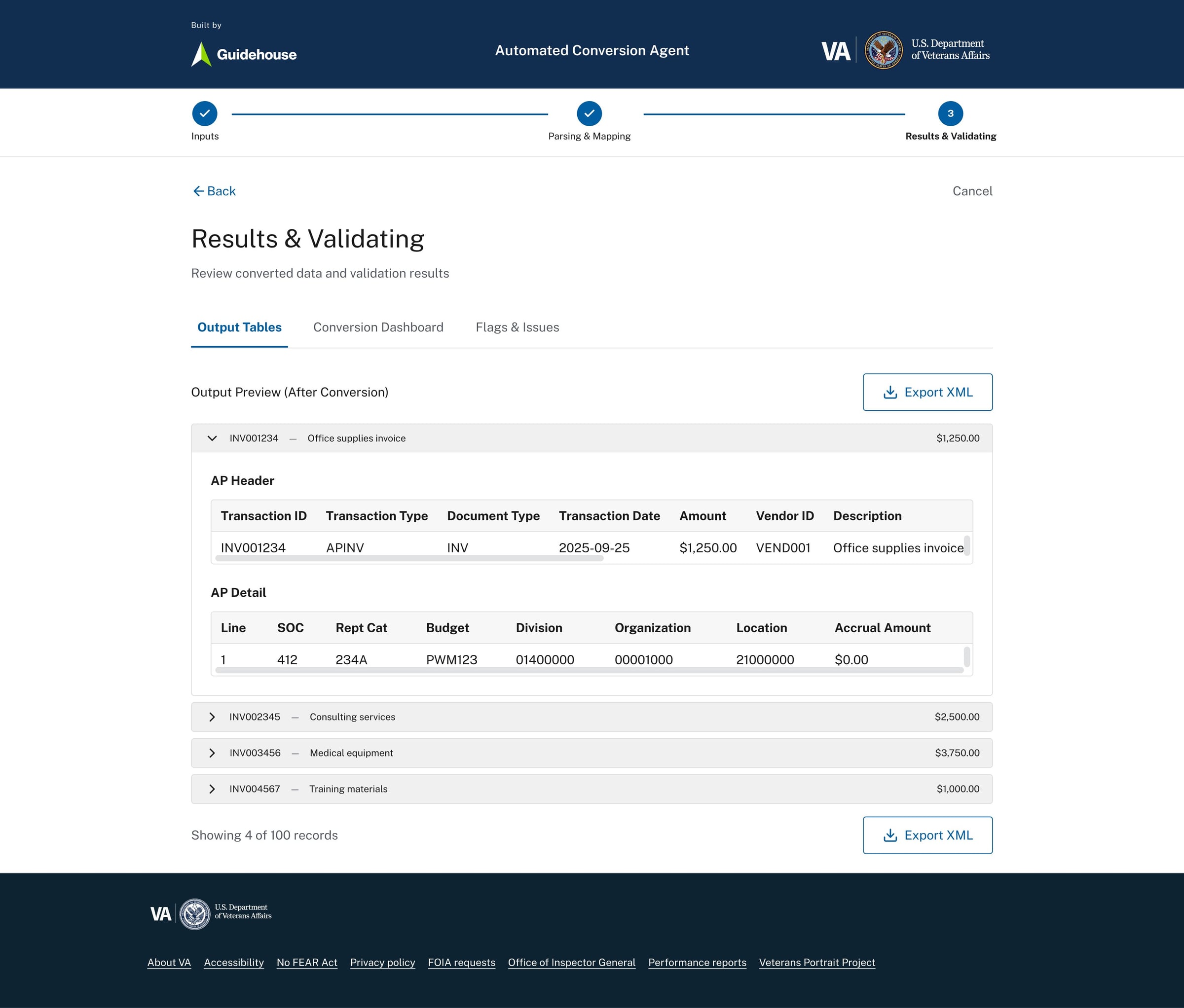Conversion dashboard summarizing records processed, totals, and success rate