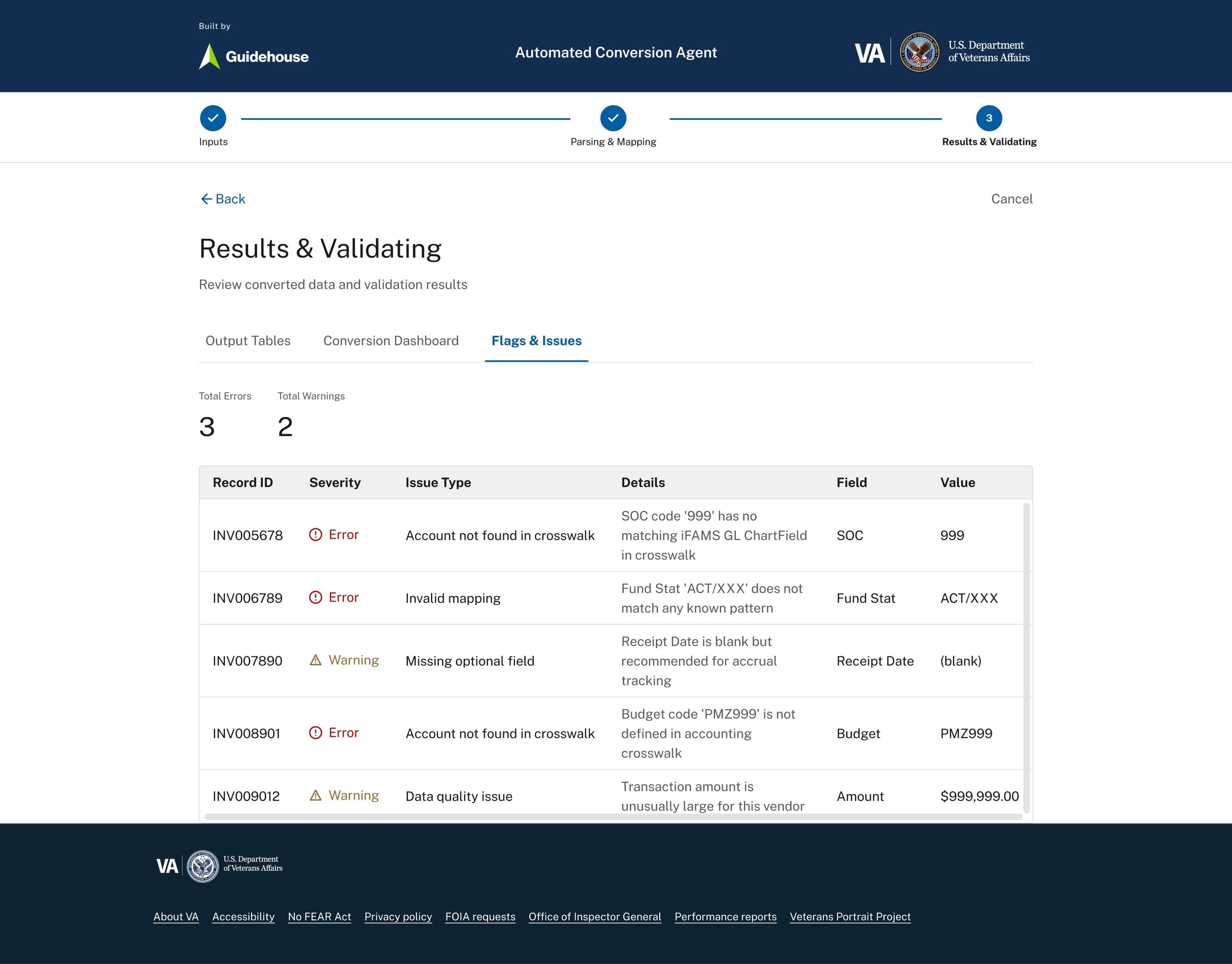 Error and warning breakdown with severity indicators and field-level traceability