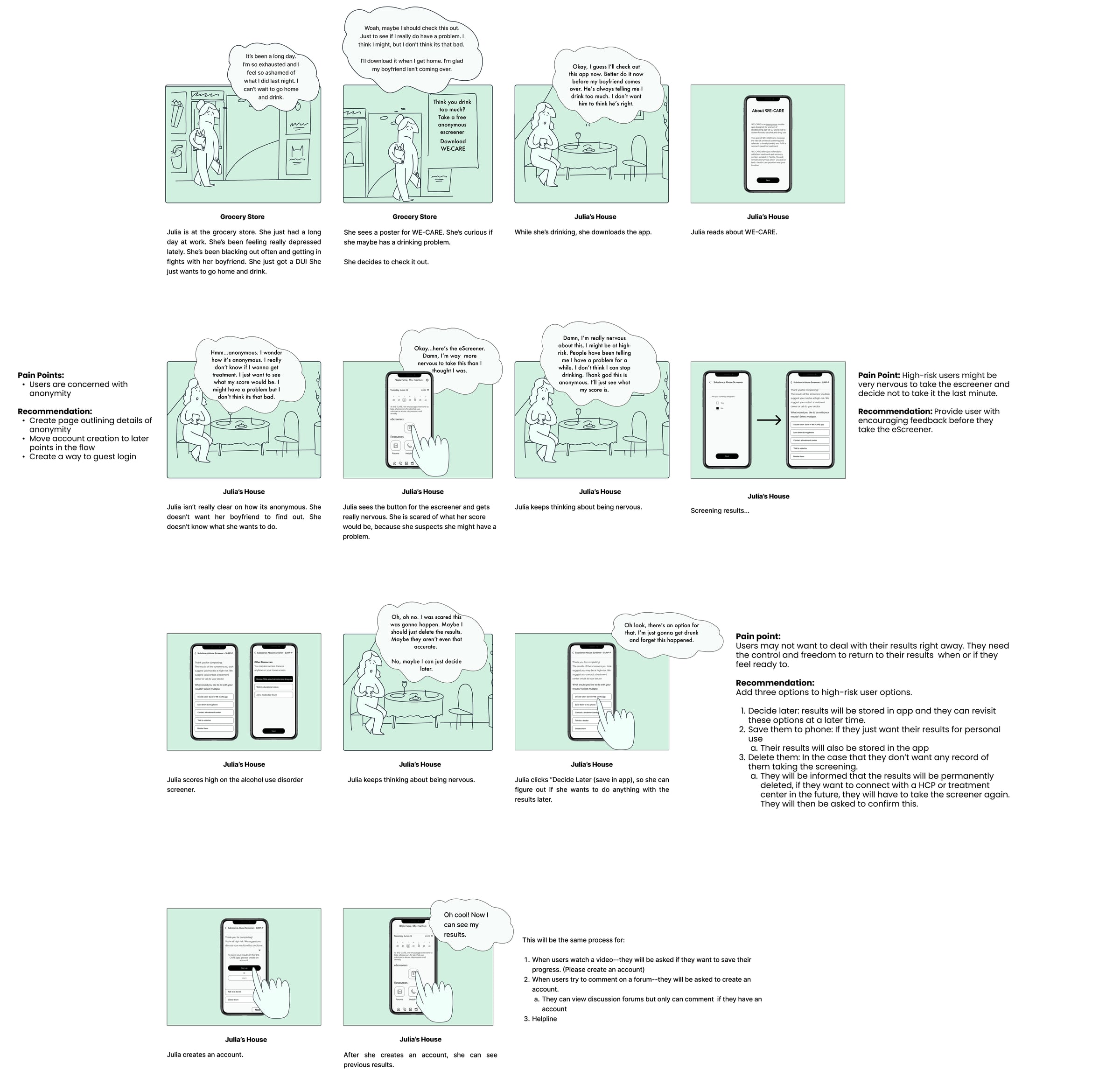 Storyboard panel 1 — Julia's journey encountering the WE-CARE app